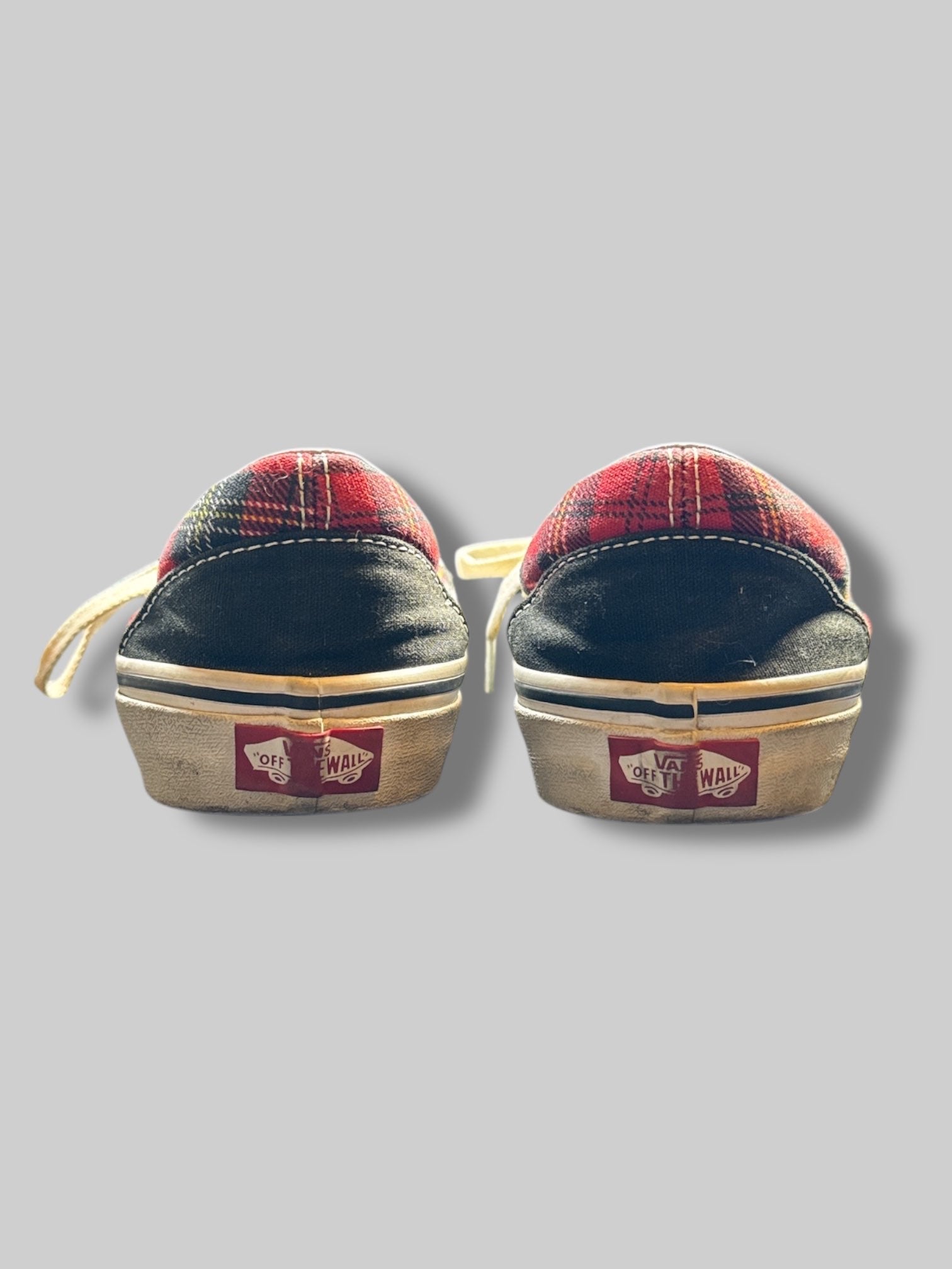 Size 7.5W or 6M red plaid and black vans