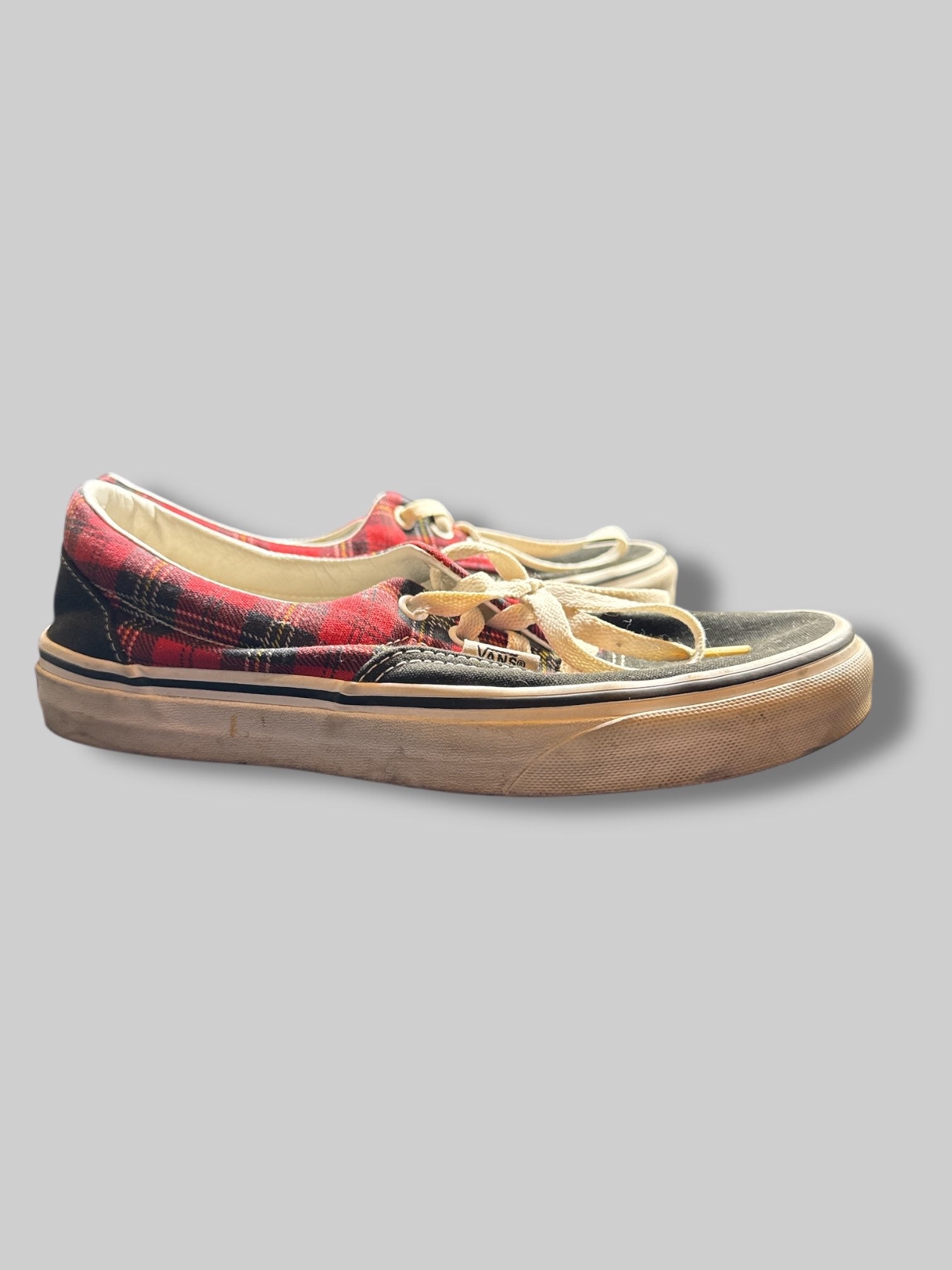 Size 7.5W or 6M red plaid and black vans