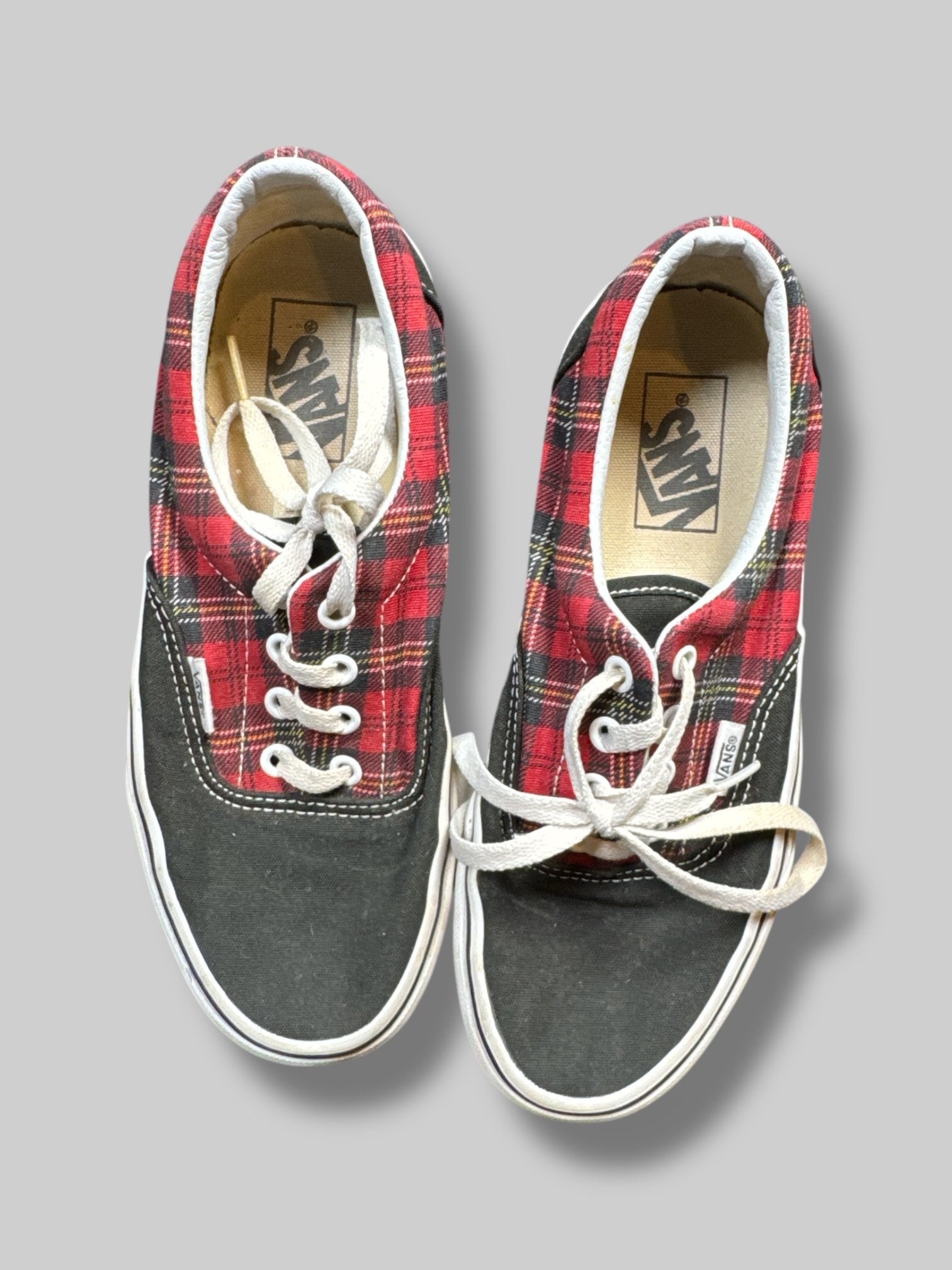 Size 7.5W or 6M red plaid and black vans