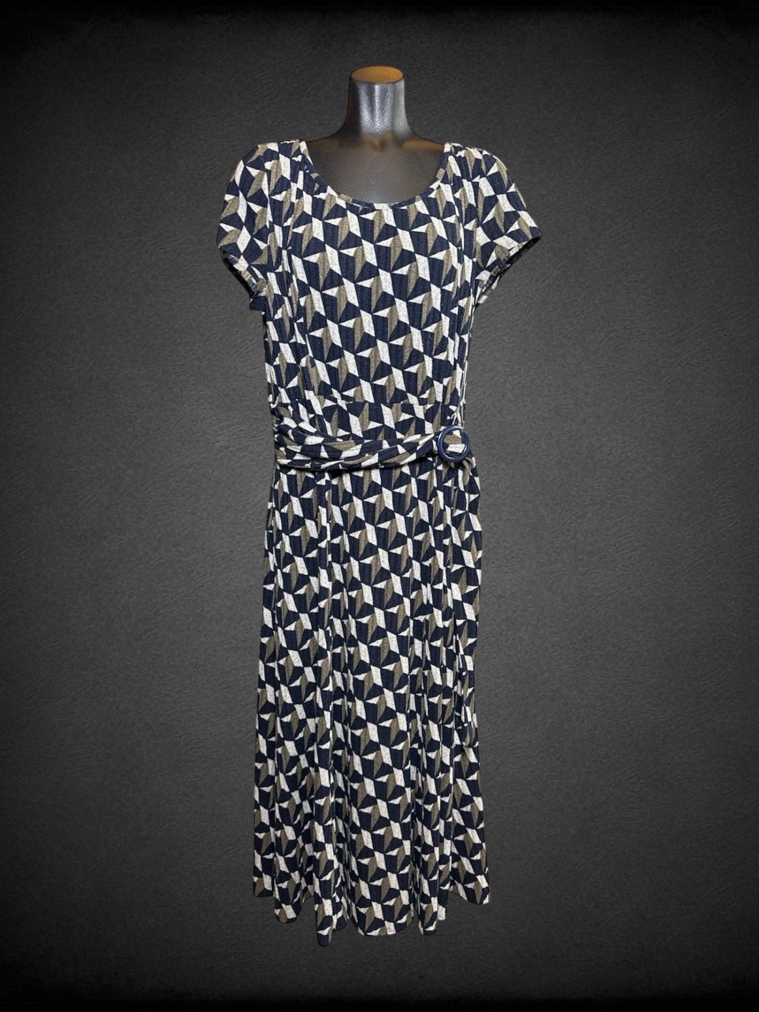 0X Perceptions blue, tan, and brown geometric pattern ribbed knit maxi dress with attached belt