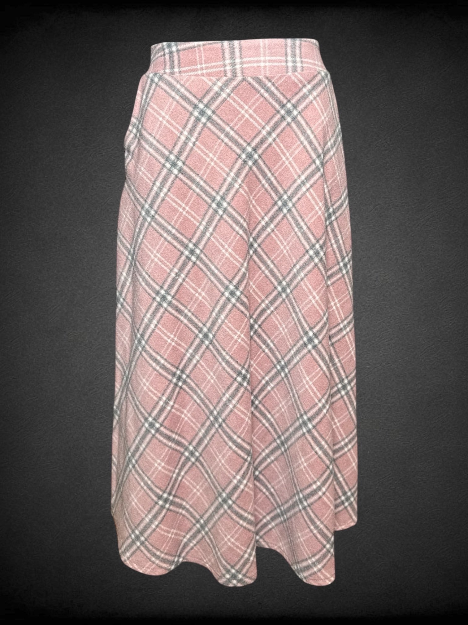 M Ideals pink, white, and gray plaid maxi skirt