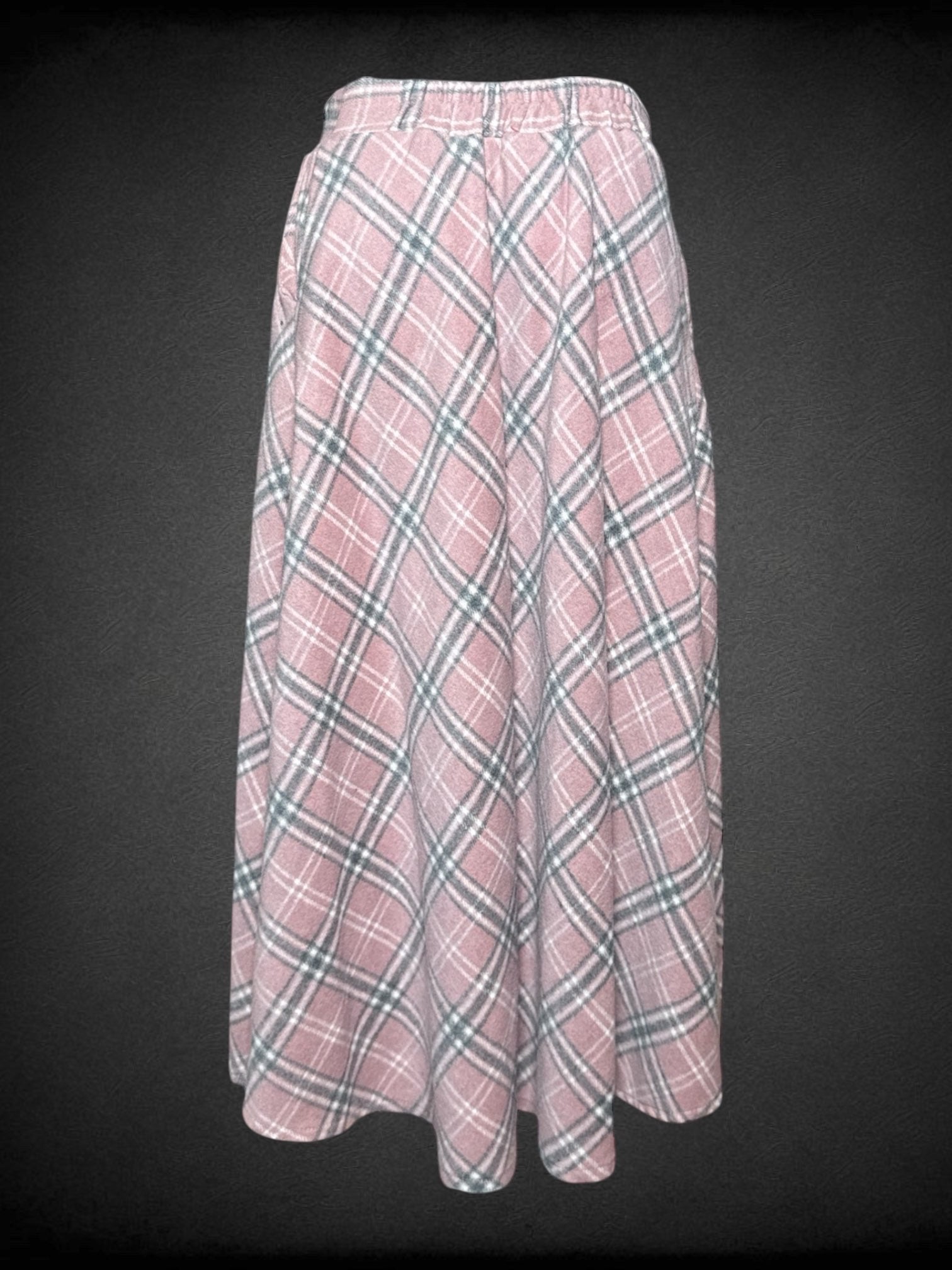 M Ideals pink, white, and gray plaid maxi skirt