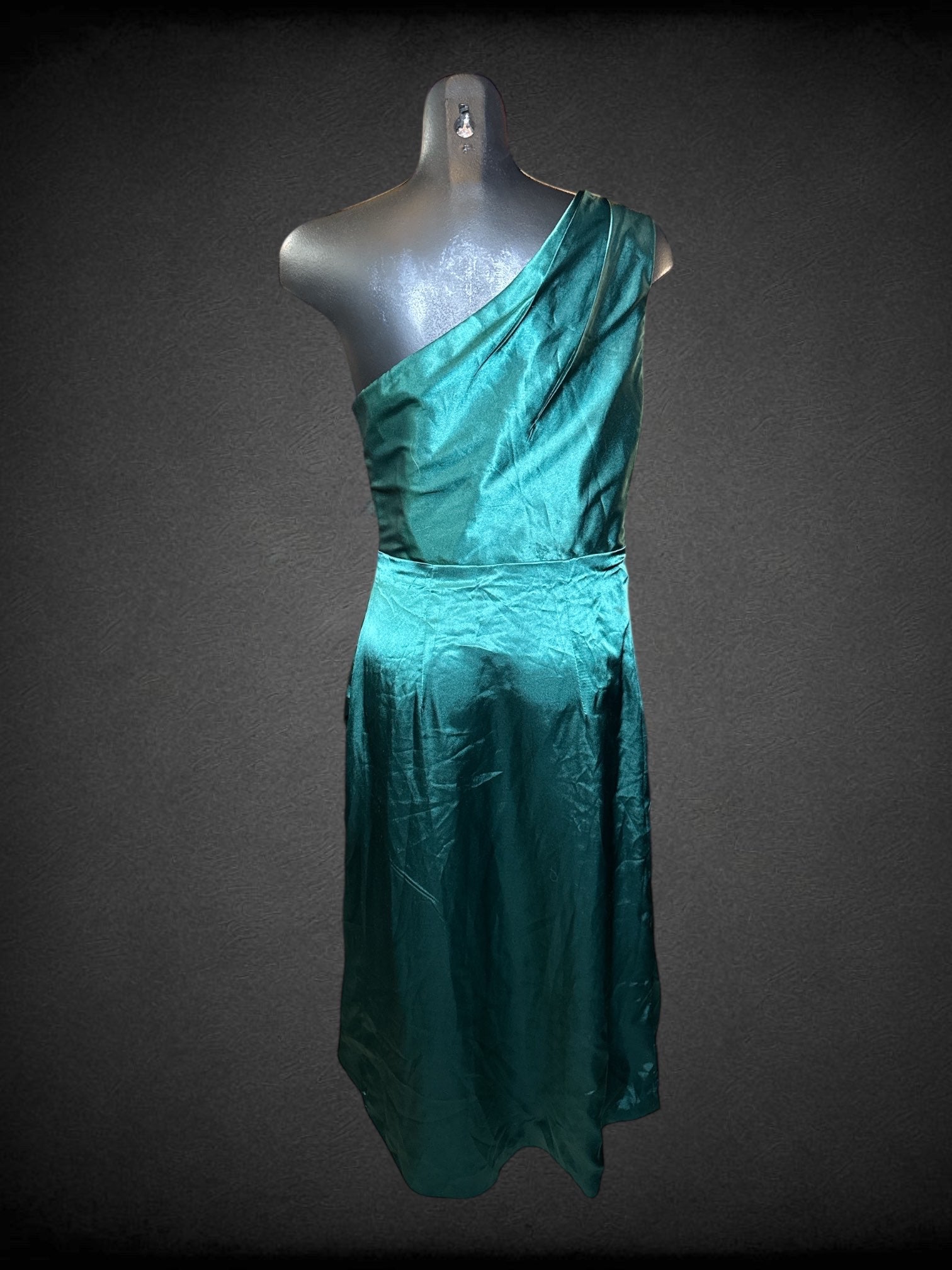 S NWT Ryanth dark green dress with one shoulder, and zipper on side