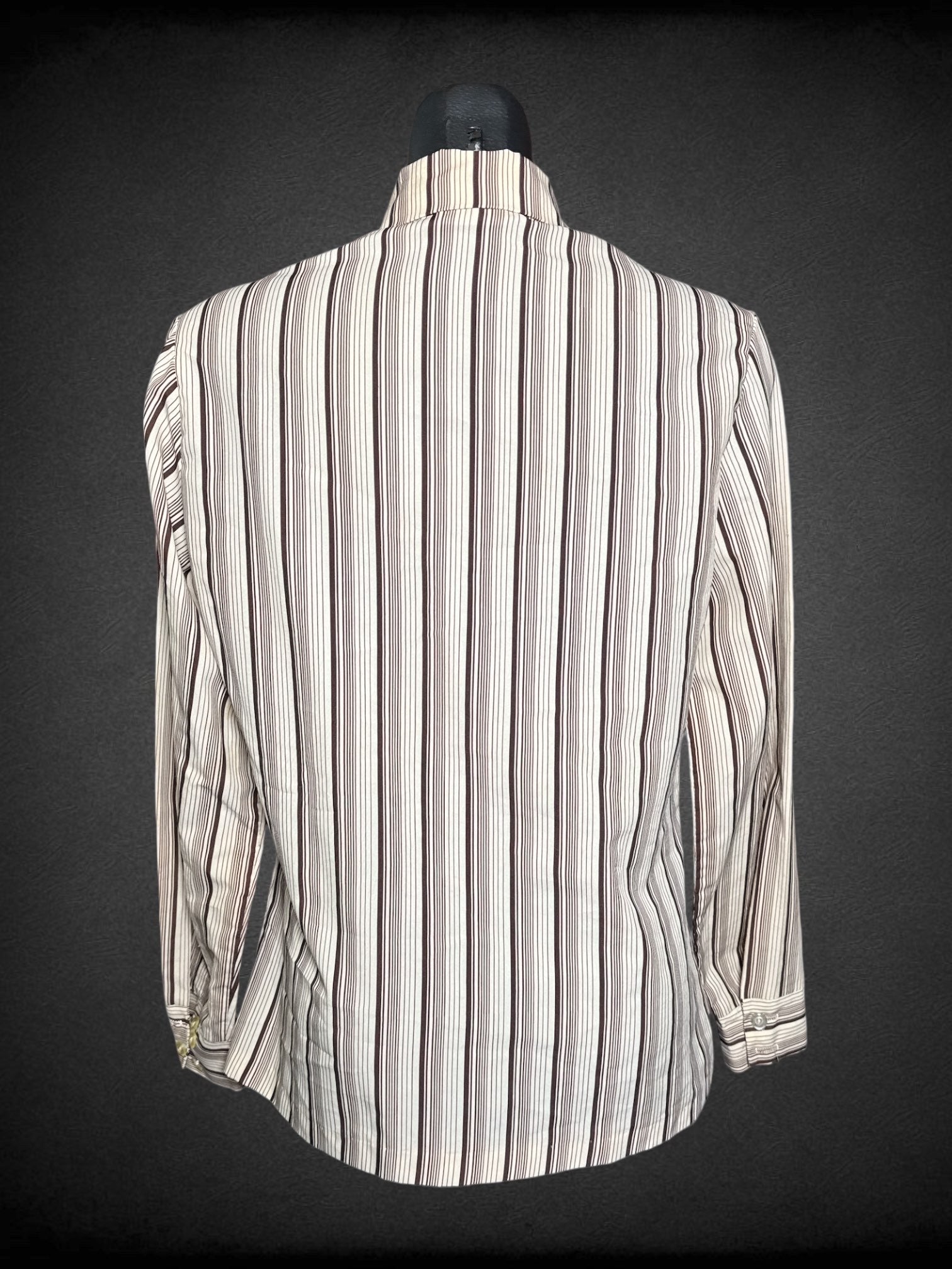 L Uniforms to You & Co. tan and brown striped button up top with pointed collar