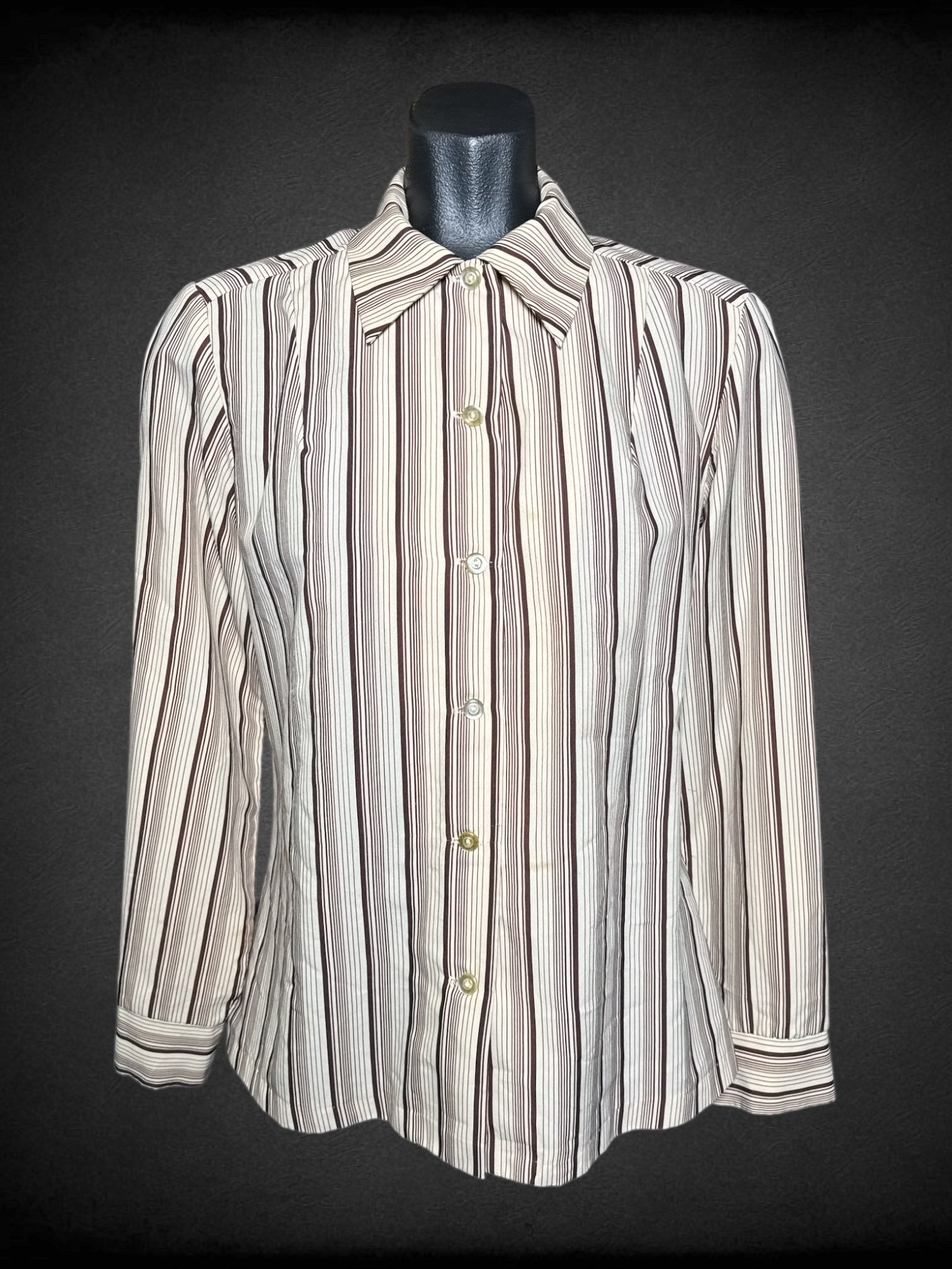 L Uniforms to You & Co. tan and brown striped button up top with pointed collar