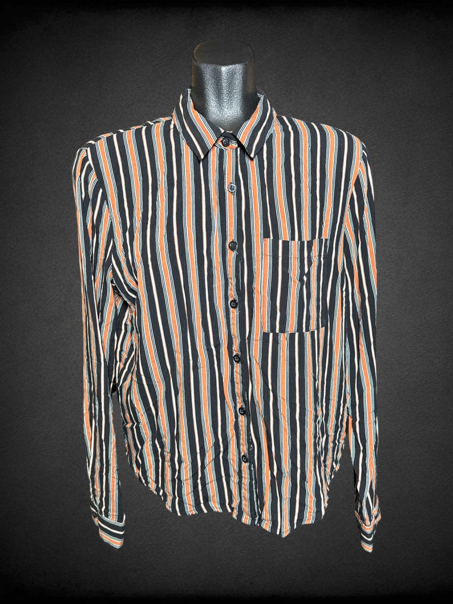 L Forever 21 black, orange, and light blue striped button up top with chest pocket