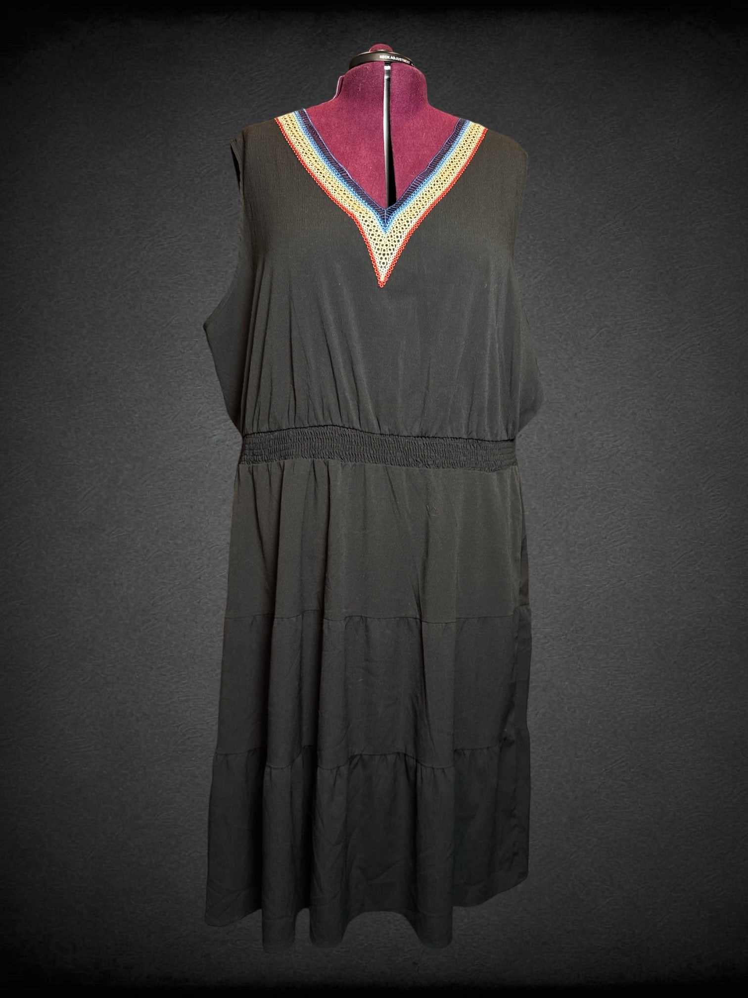 6X BLOOMCHIC black sleeveless maxi dress with multicolor lattice details