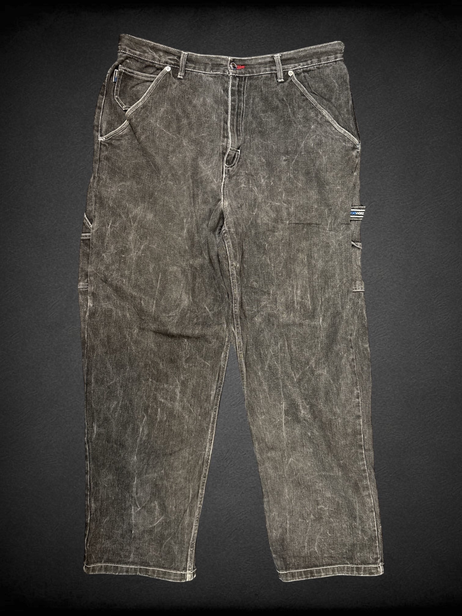 0X Ice Wear vintage 90’s acid wash black utility pants with fraying on bottom hems