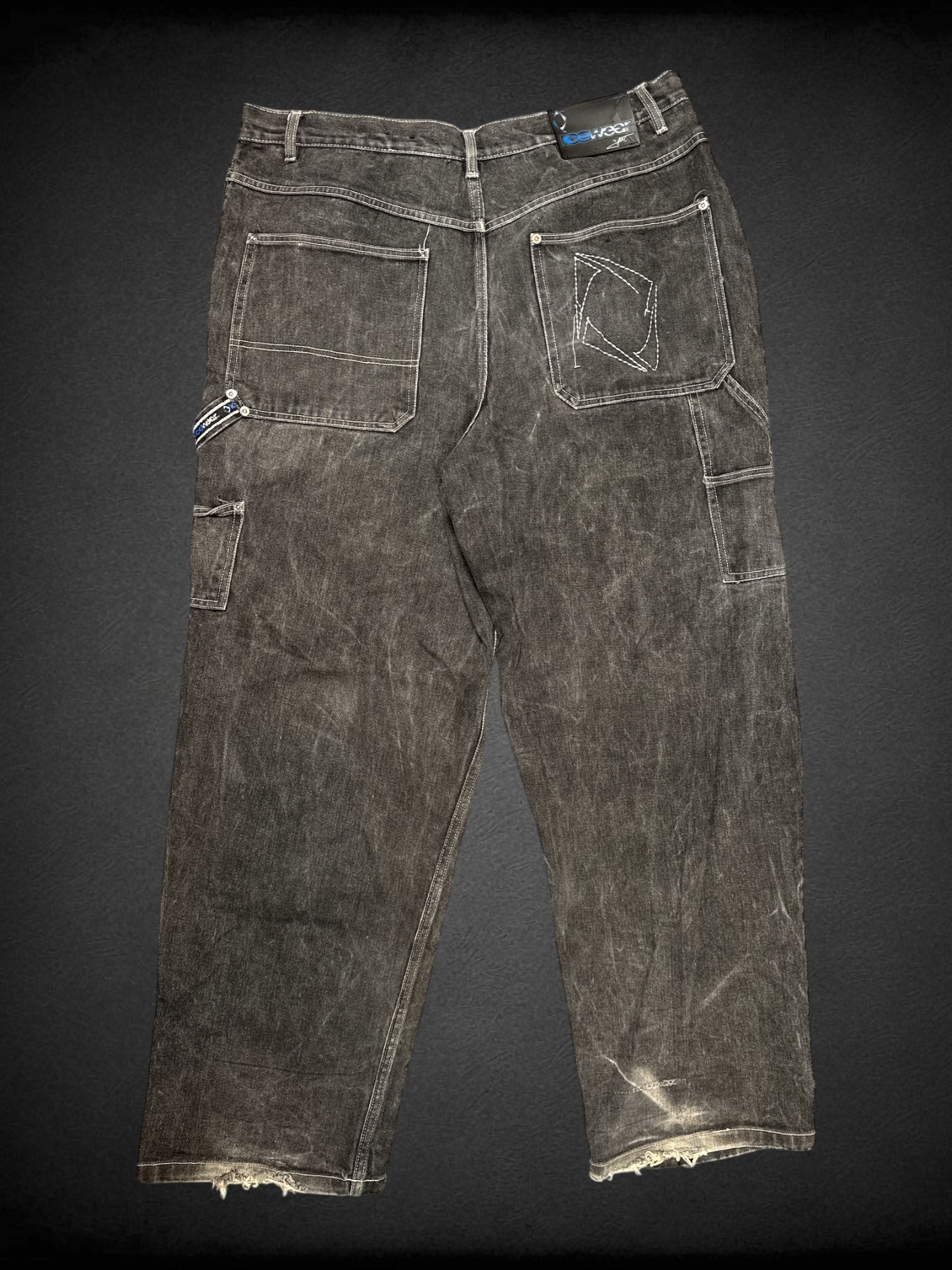 0X Ice Wear vintage 90’s acid wash black utility pants with fraying on bottom hems