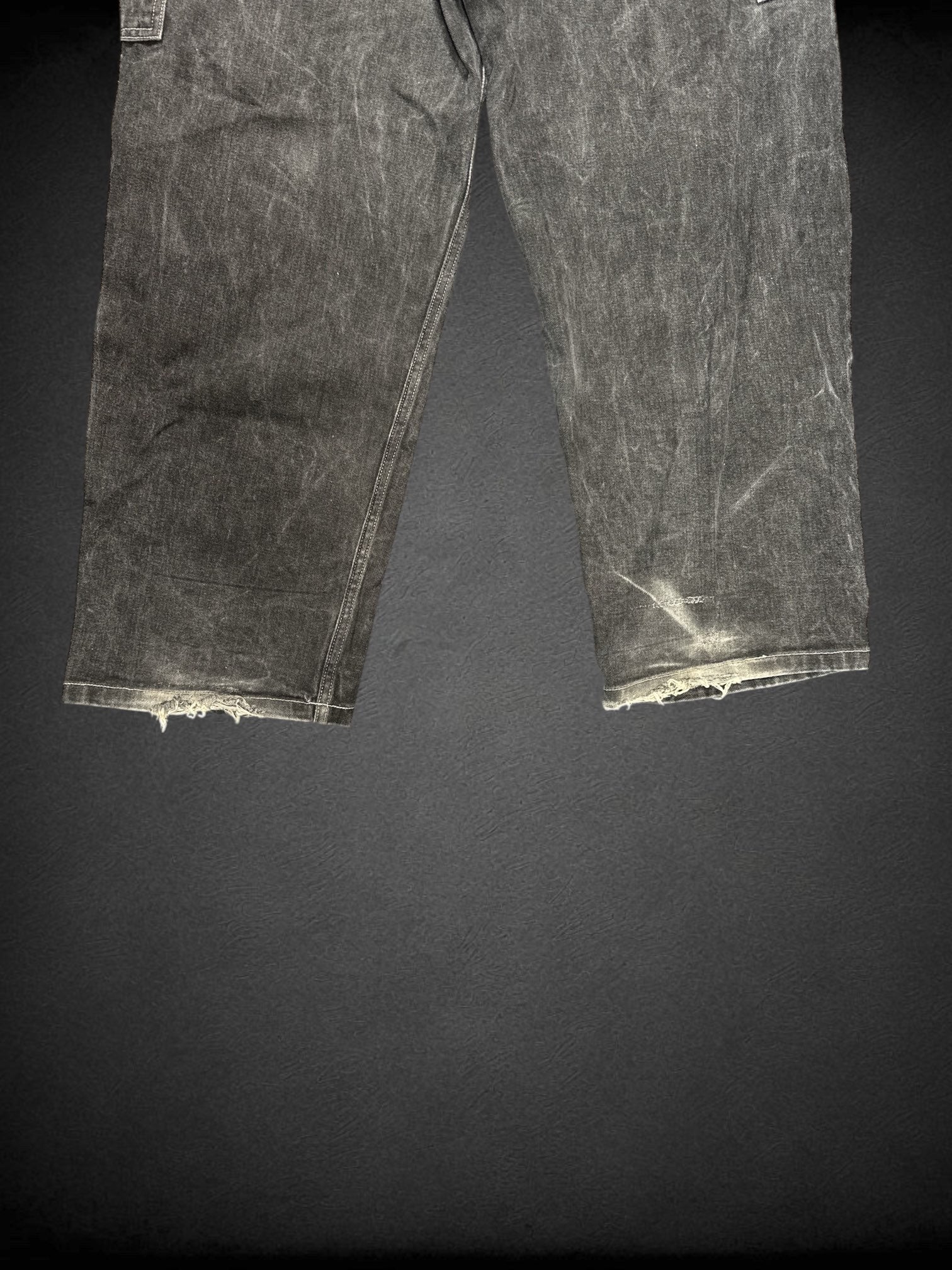 0X Ice Wear vintage 90’s acid wash black utility pants with fraying on bottom hems