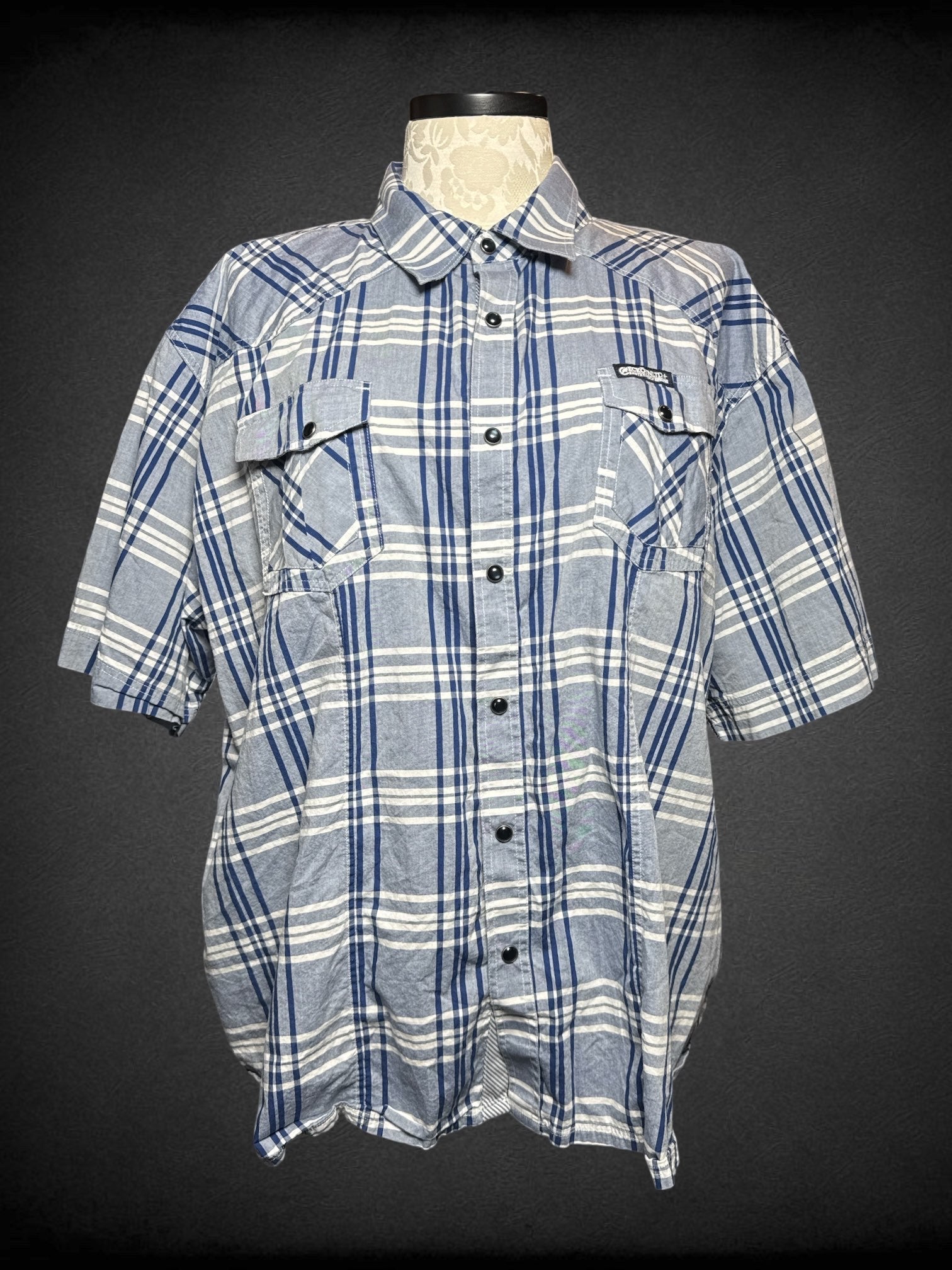 4X Authentic Classic Ecko Unltd Division East All City light blue, dark blue, and white plaid button up with snap buttons