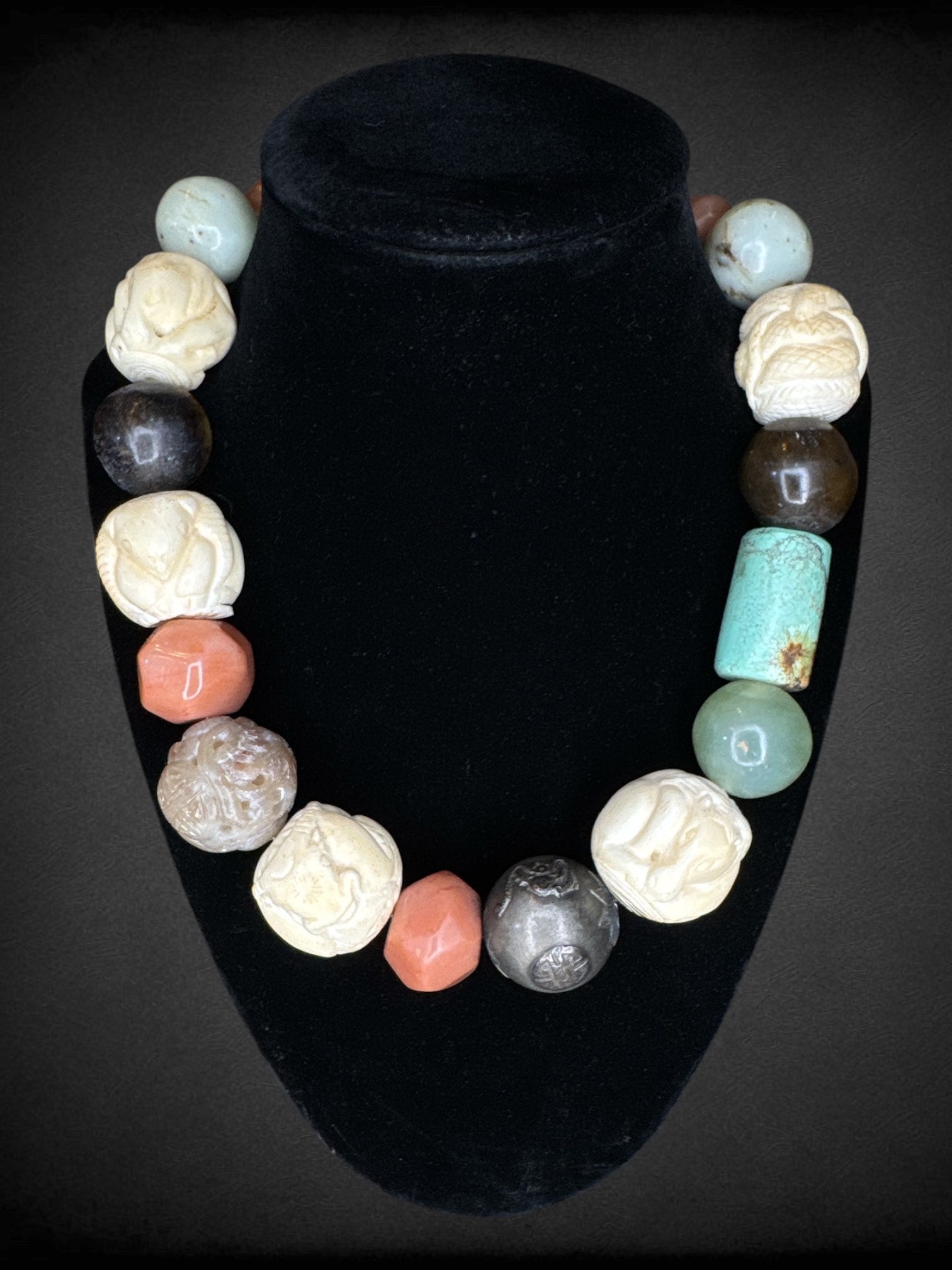 18” long Alice Kuo real gemstones, and presumed real ivory beaded necklace with animal engraved ivory beads