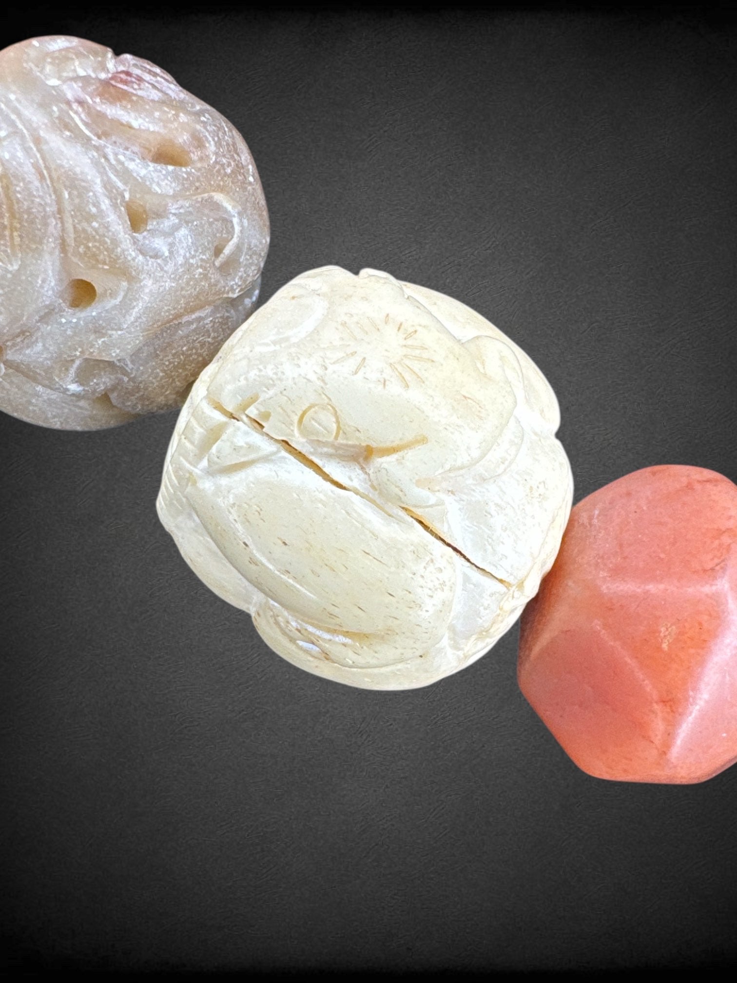 18” long Alice Kuo real gemstones, and presumed real ivory beaded necklace with animal engraved ivory beads