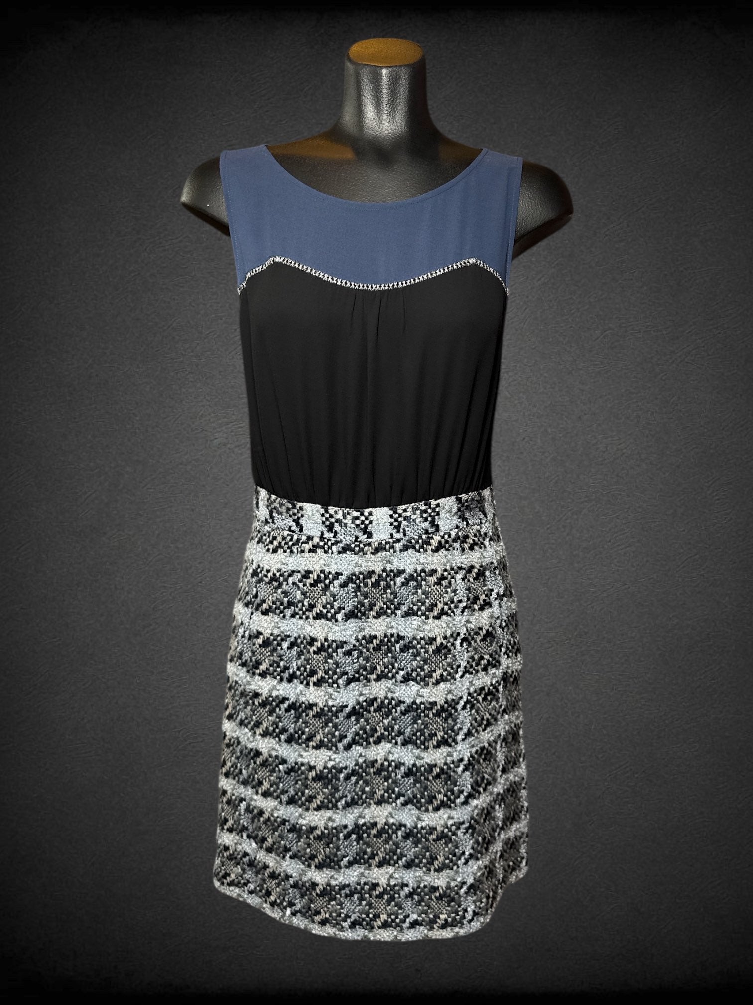 M MOULINETTE SOEURS dress with light and navy blue tweed skirt and color block blue chiffon top with metallic thread cutout detail and size zipper