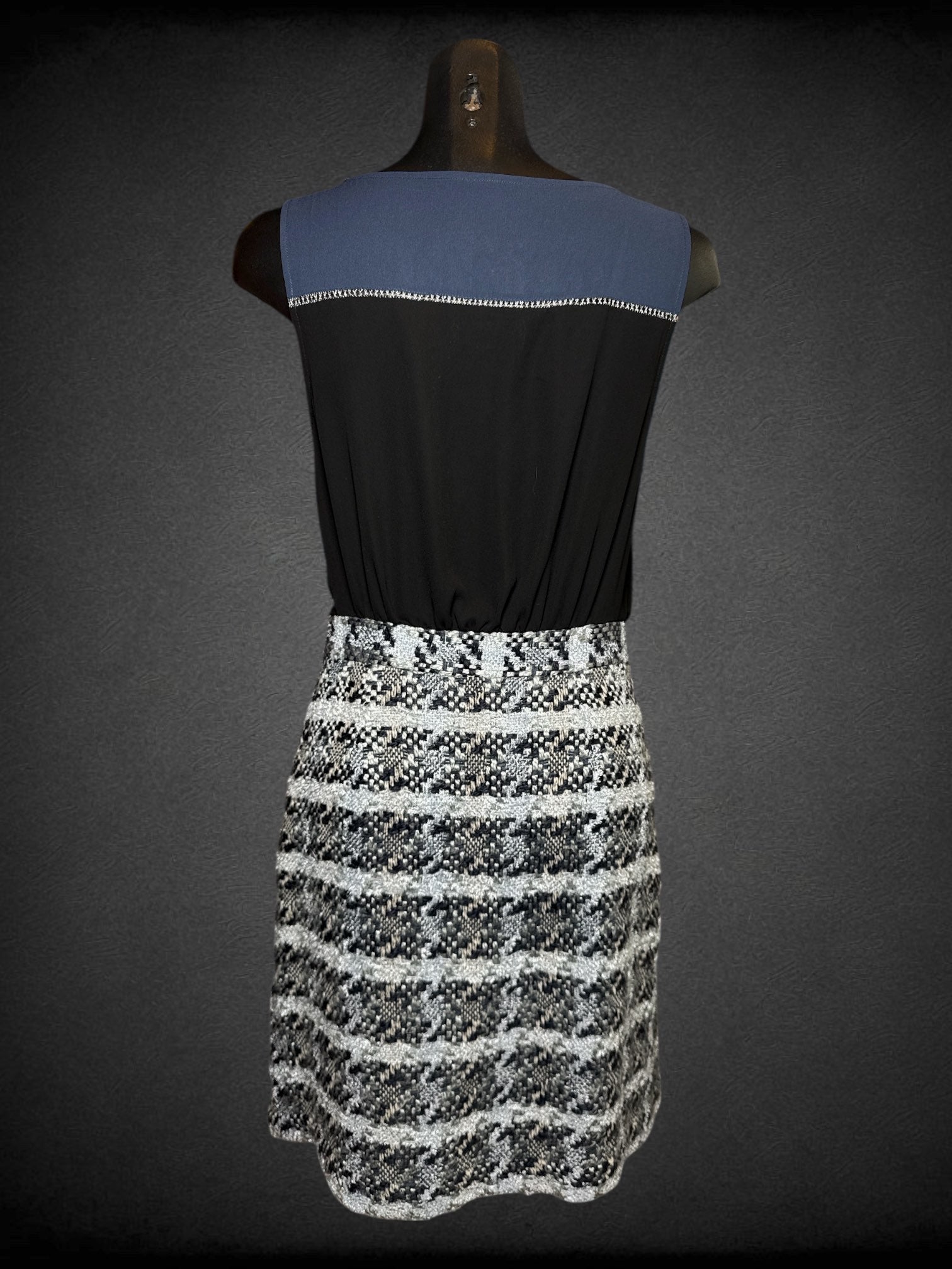M MOULINETTE SOEURS dress with light and navy blue tweed skirt and color block blue chiffon top with metallic thread cutout detail and size zipper