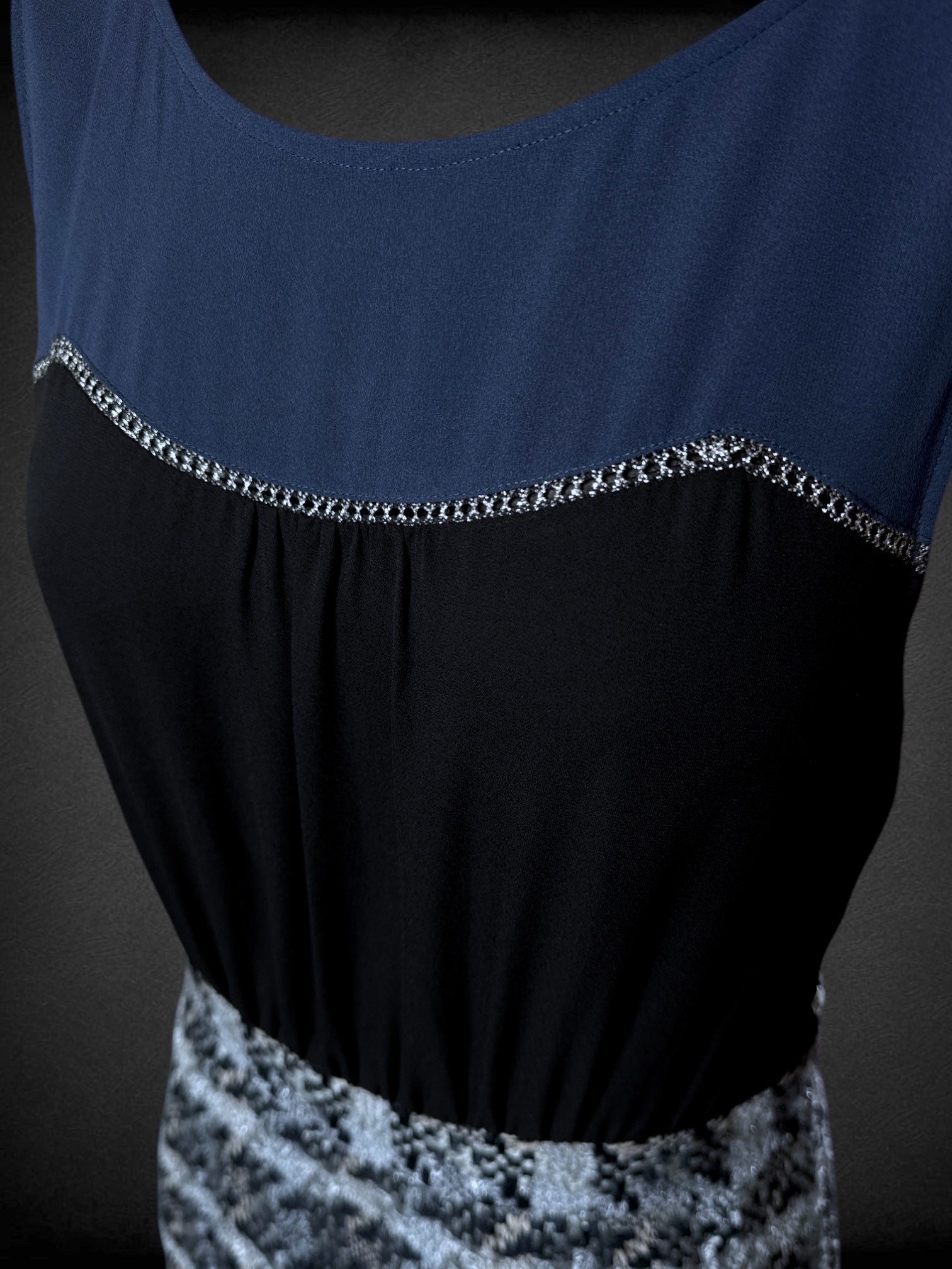 M MOULINETTE SOEURS dress with light and navy blue tweed skirt and color block blue chiffon top with metallic thread cutout detail and size zipper
