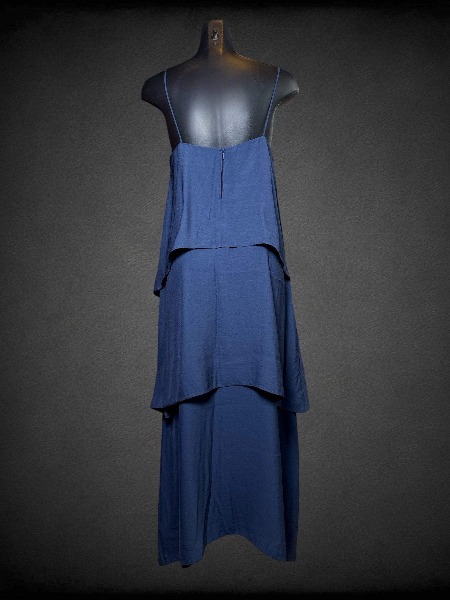 M NWT Banana Republic navy blue three-tiered long dress with square neckline, thin straps, and zipper on back $