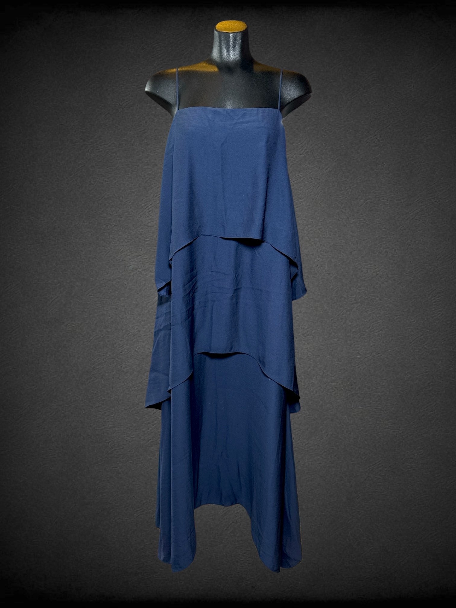 M NWT Banana Republic navy blue three-tiered long dress with square neckline, thin straps, and zipper on back $