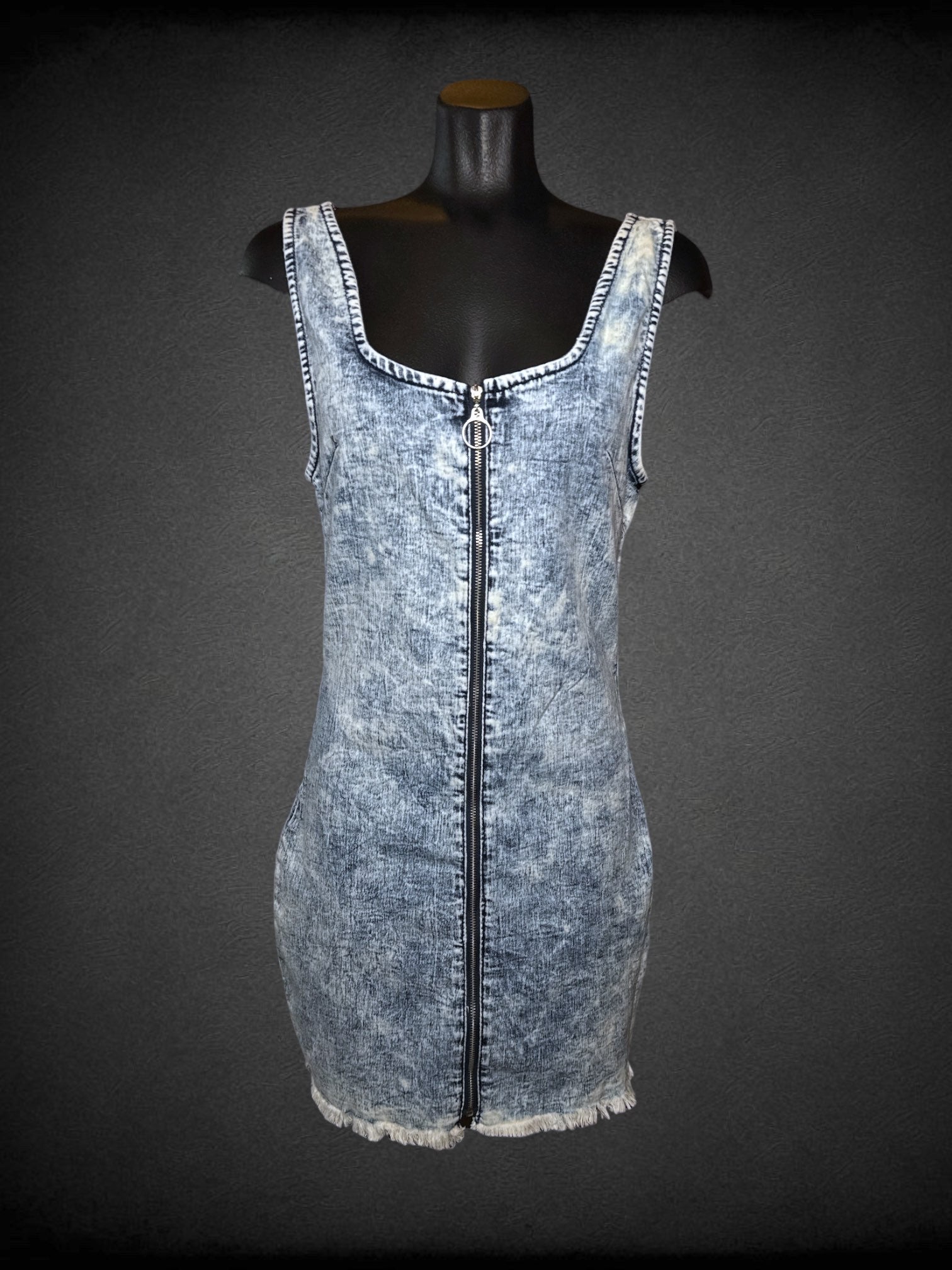 M Roma Studio By Rosee acid wash denim dress with full front zipper and raw hem