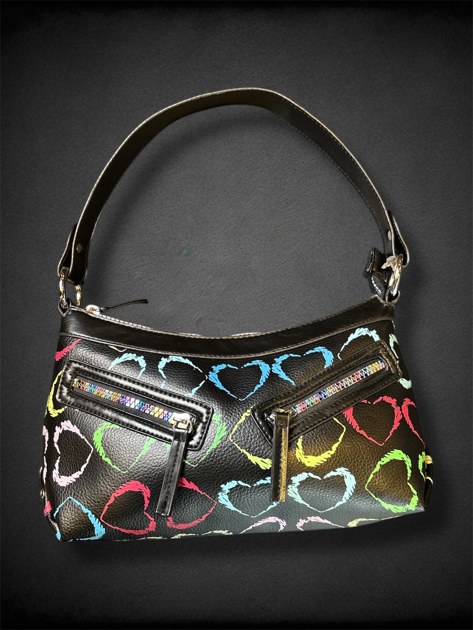 Black Handbag Multicolor heart and zipper design with red interior