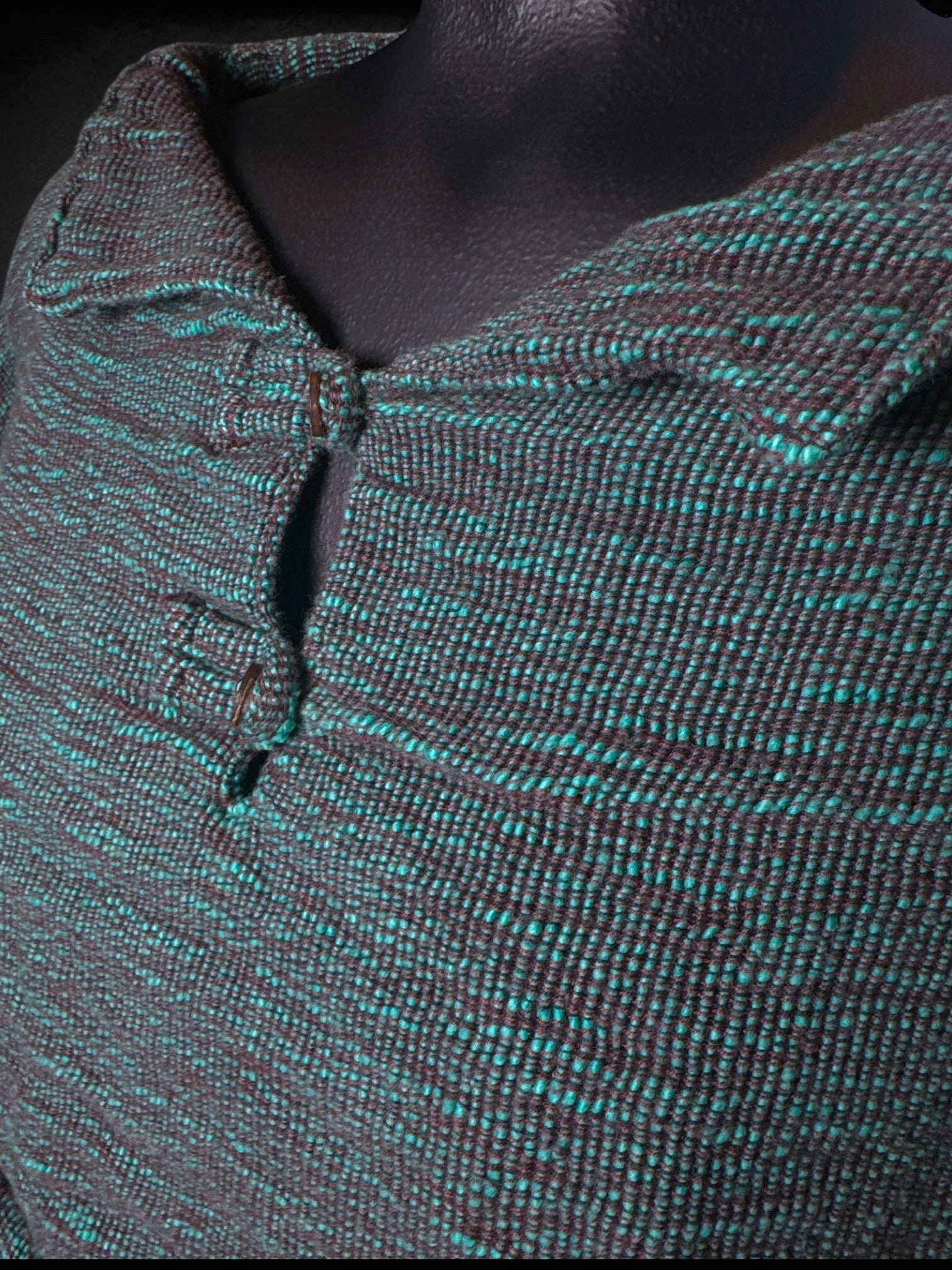 L Yak Hotel turquoise and purple asymmetric sweater tunic with buttons and side slit