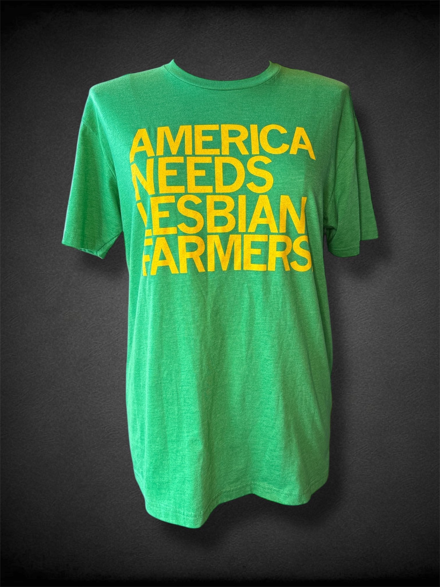 0X RAYGUN green and yellow America Needs Lesbian Farmers t shirt
