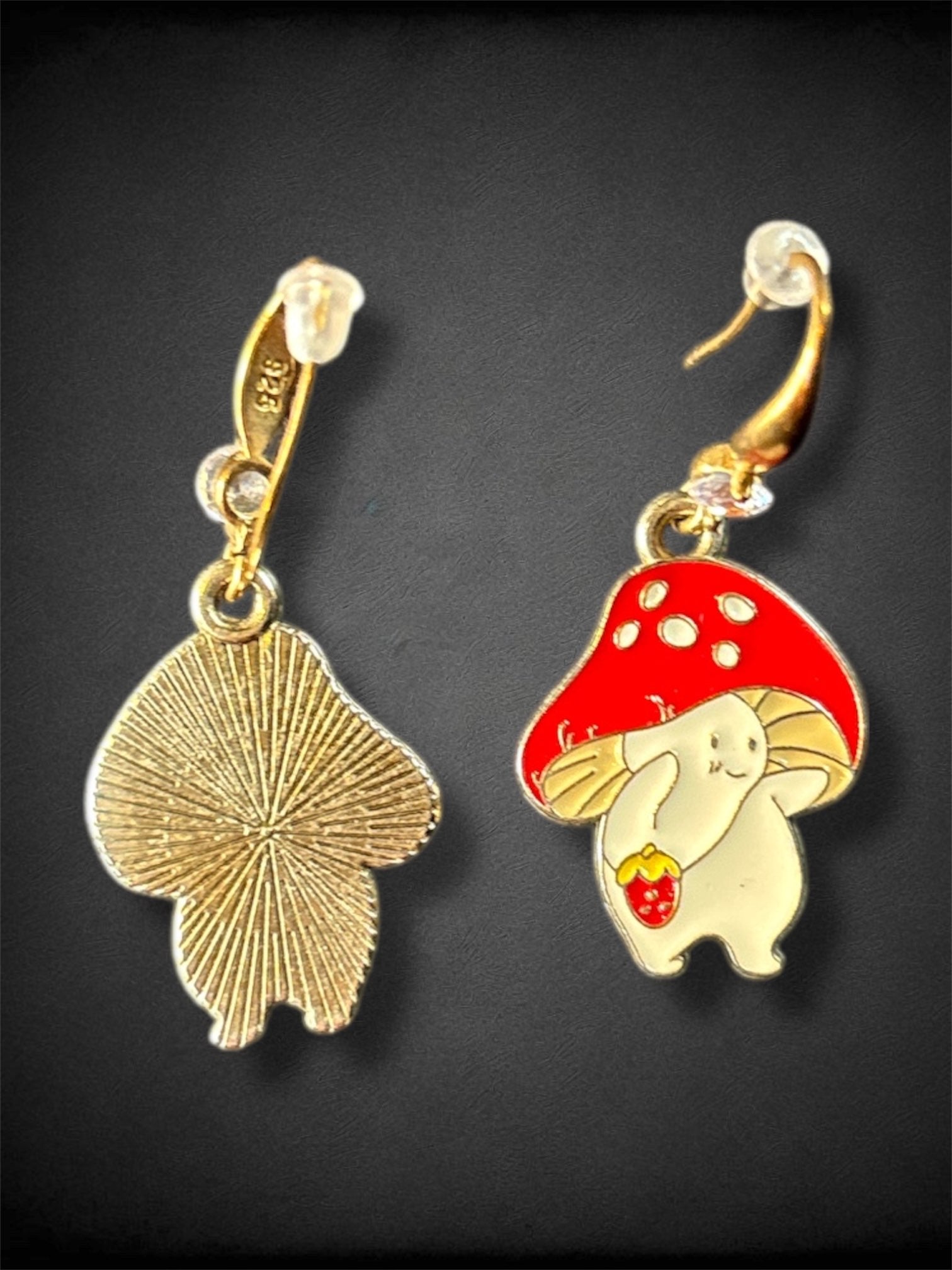 Gold tone dangle earring red spotted mushroom with strawberry purse