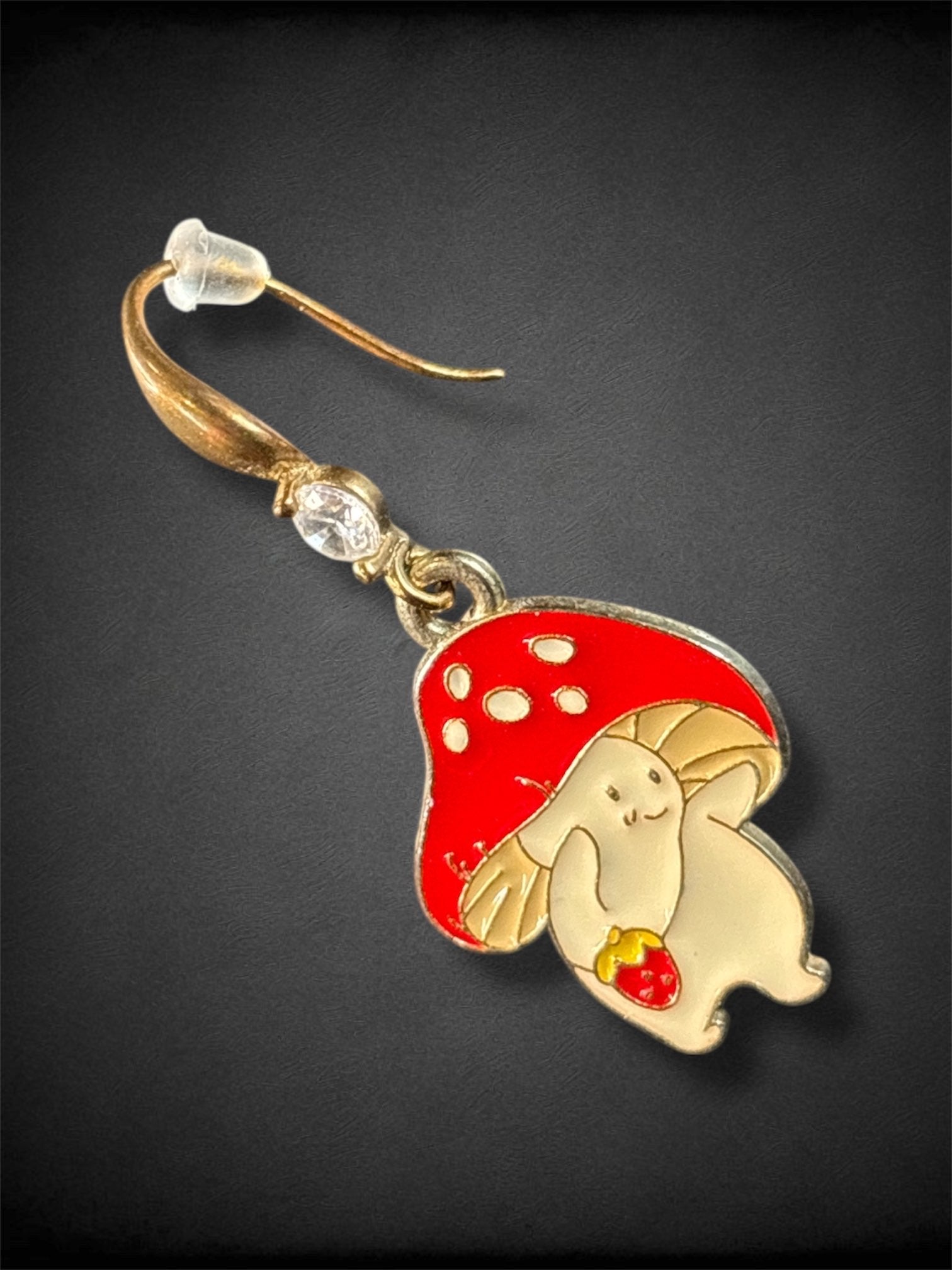 Gold tone dangle earring red spotted mushroom with strawberry purse