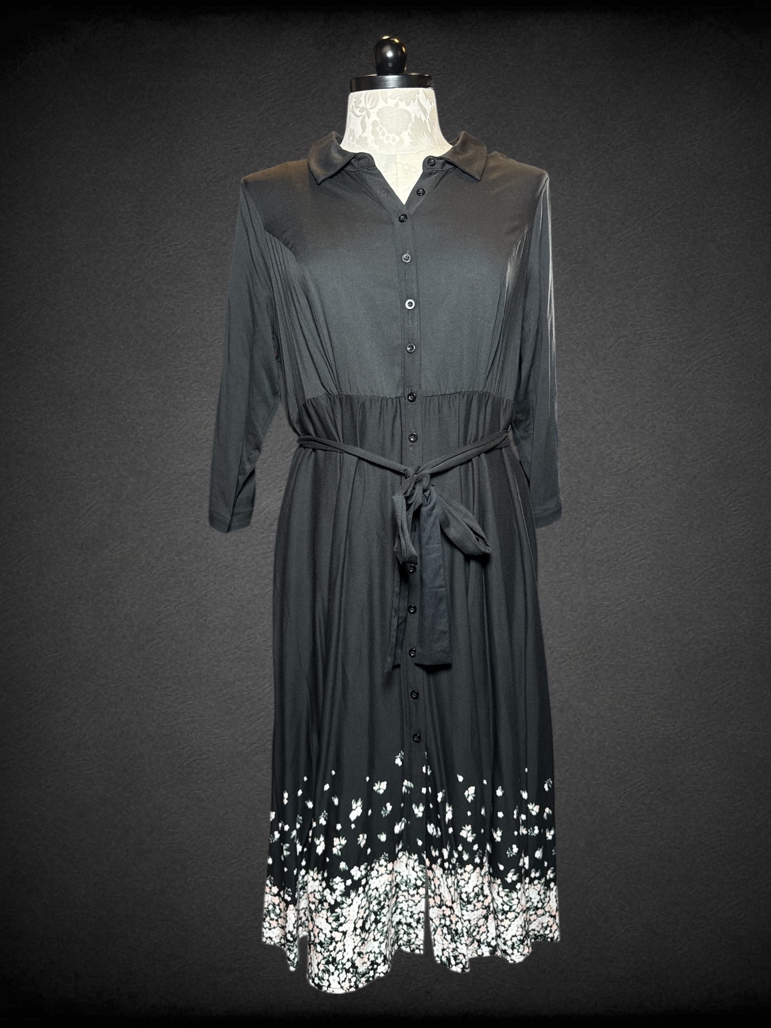 2X TORRID NWT black button up dress with white, green, and pink florals, quarter sleeves, and belt