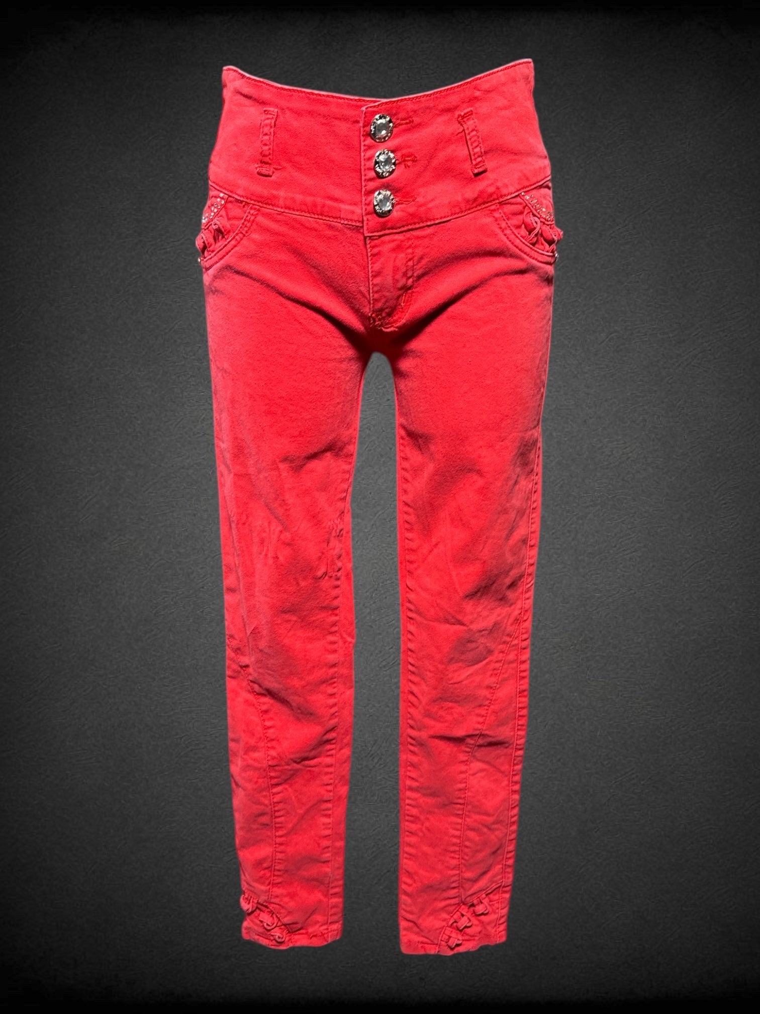 S Siluer Diva red pants with decorative pockets, bedazzled buttons and details, decorative ankles, and belt loops