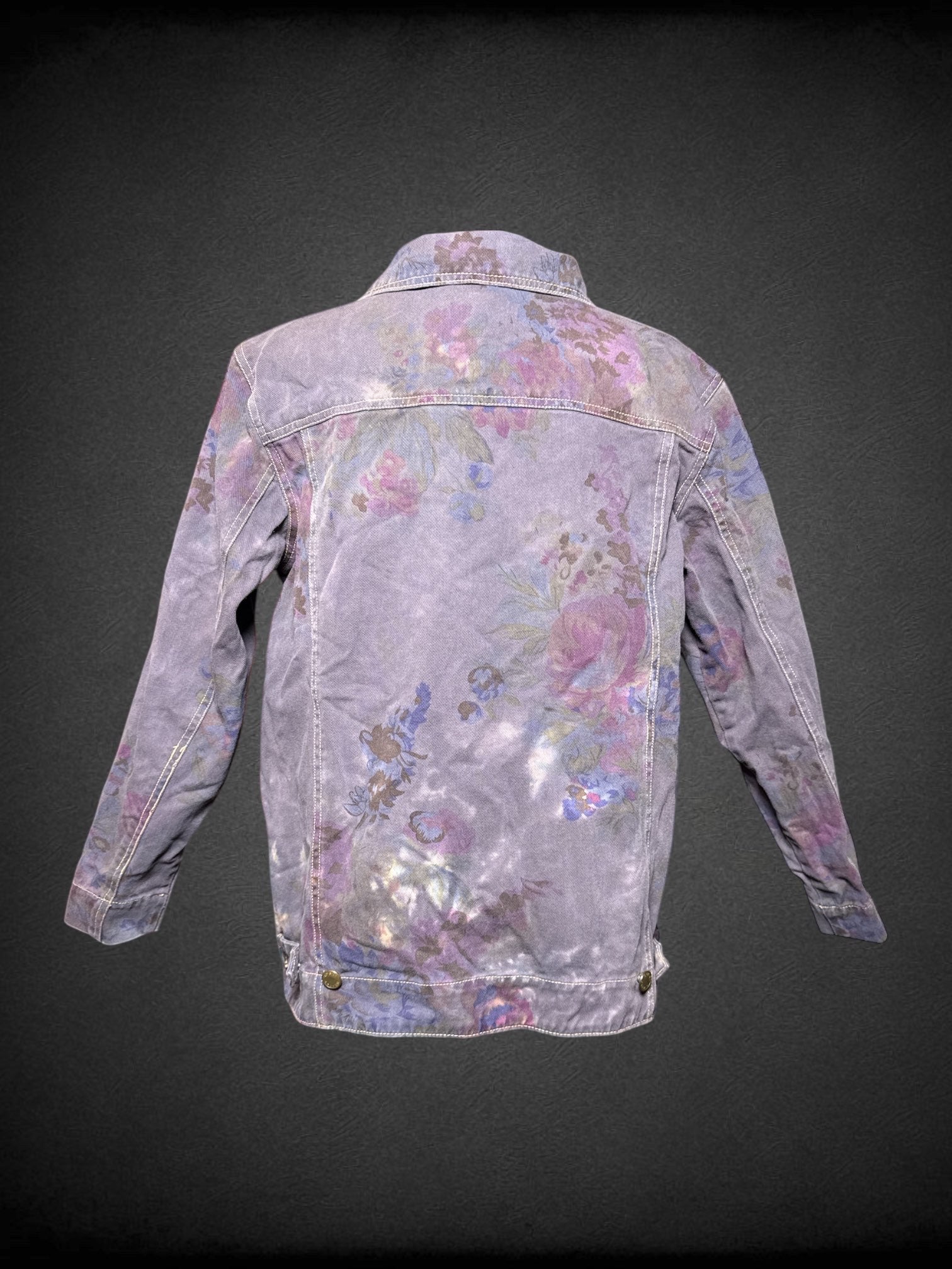 M Susan Graver vintage purple denim jacket with floral patterns, and bleach dying in spots