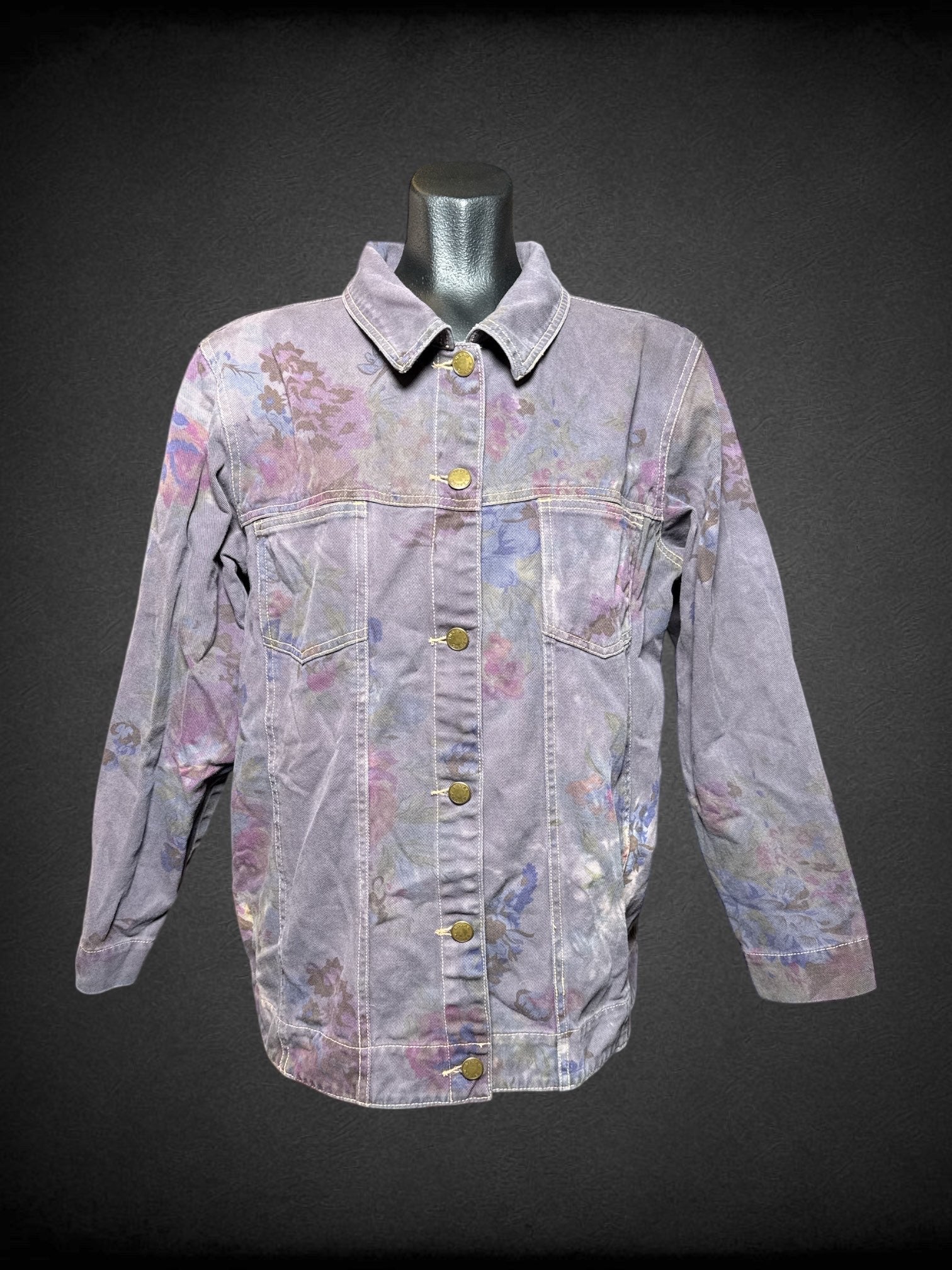 M Susan Graver vintage purple denim jacket with floral patterns, and bleach dying in spots