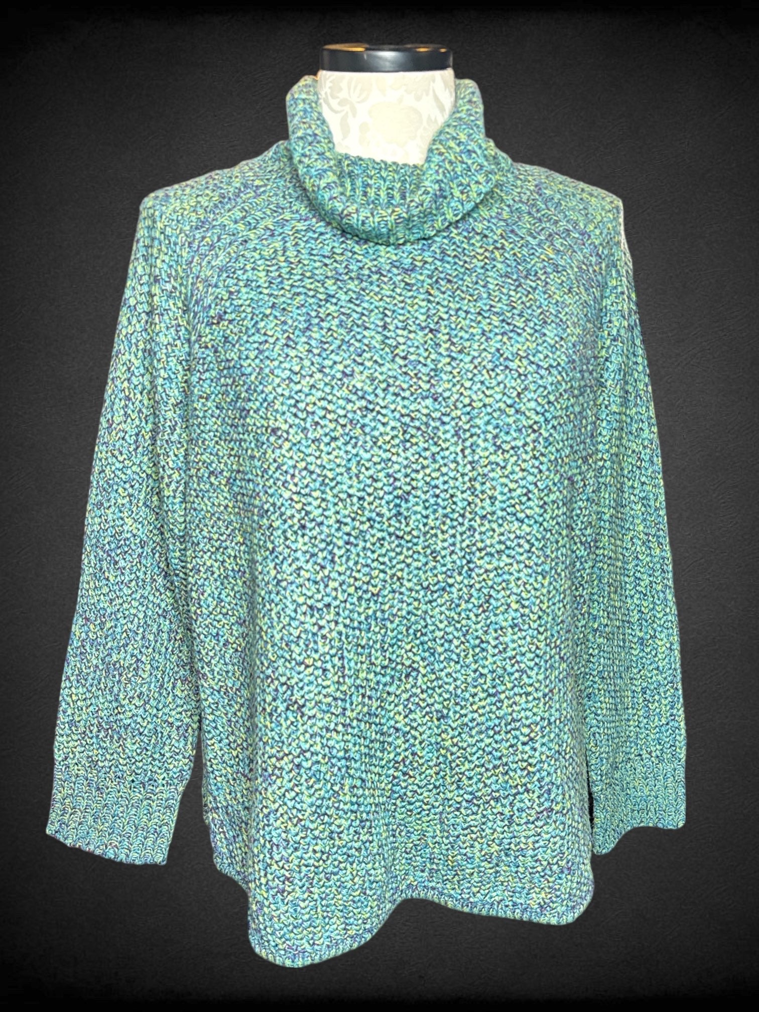 2X JOHNPAULRICHARD blue, green, and purple knit sweater with turtleneck