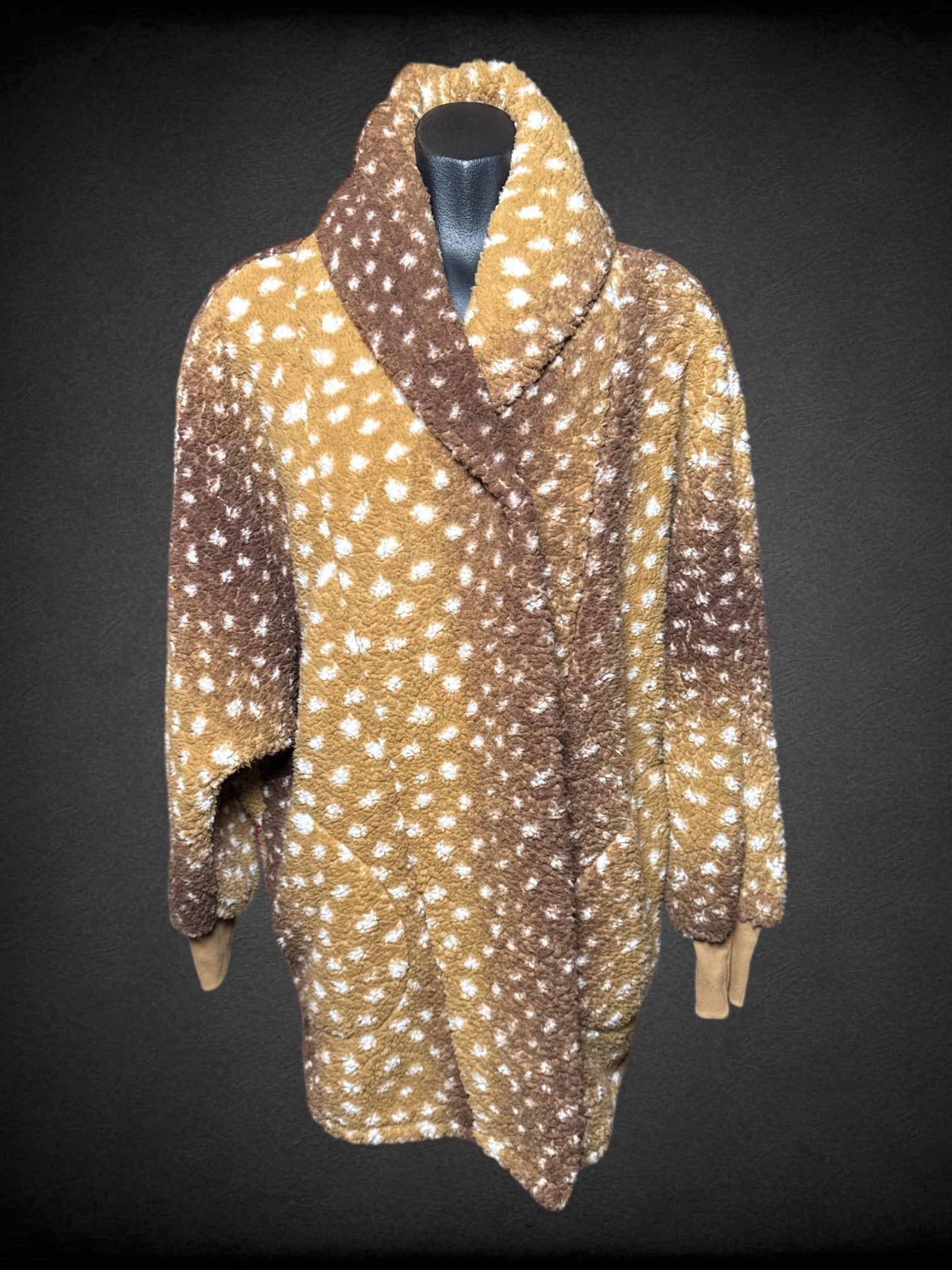 M BumbleBella brown faux fur jacket with one button, pockets, and large collar