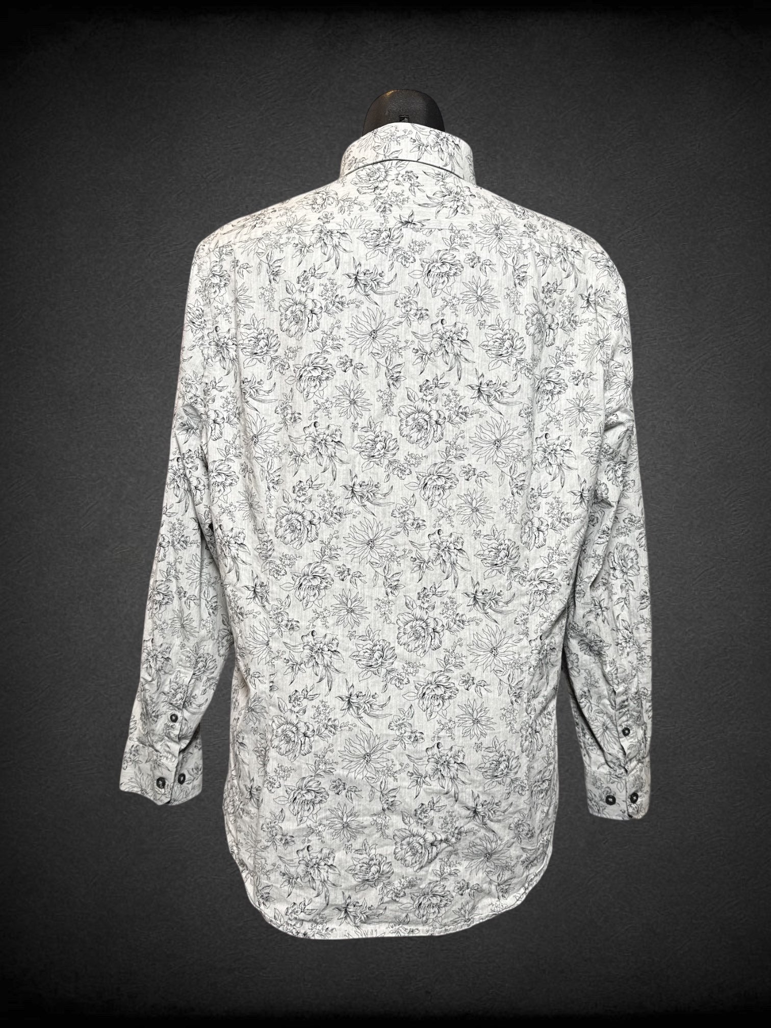 M Express grey button up top with black floral design