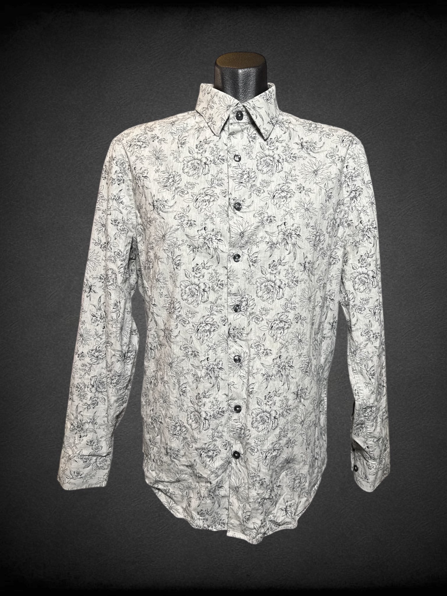 M Express grey button up top with black floral design