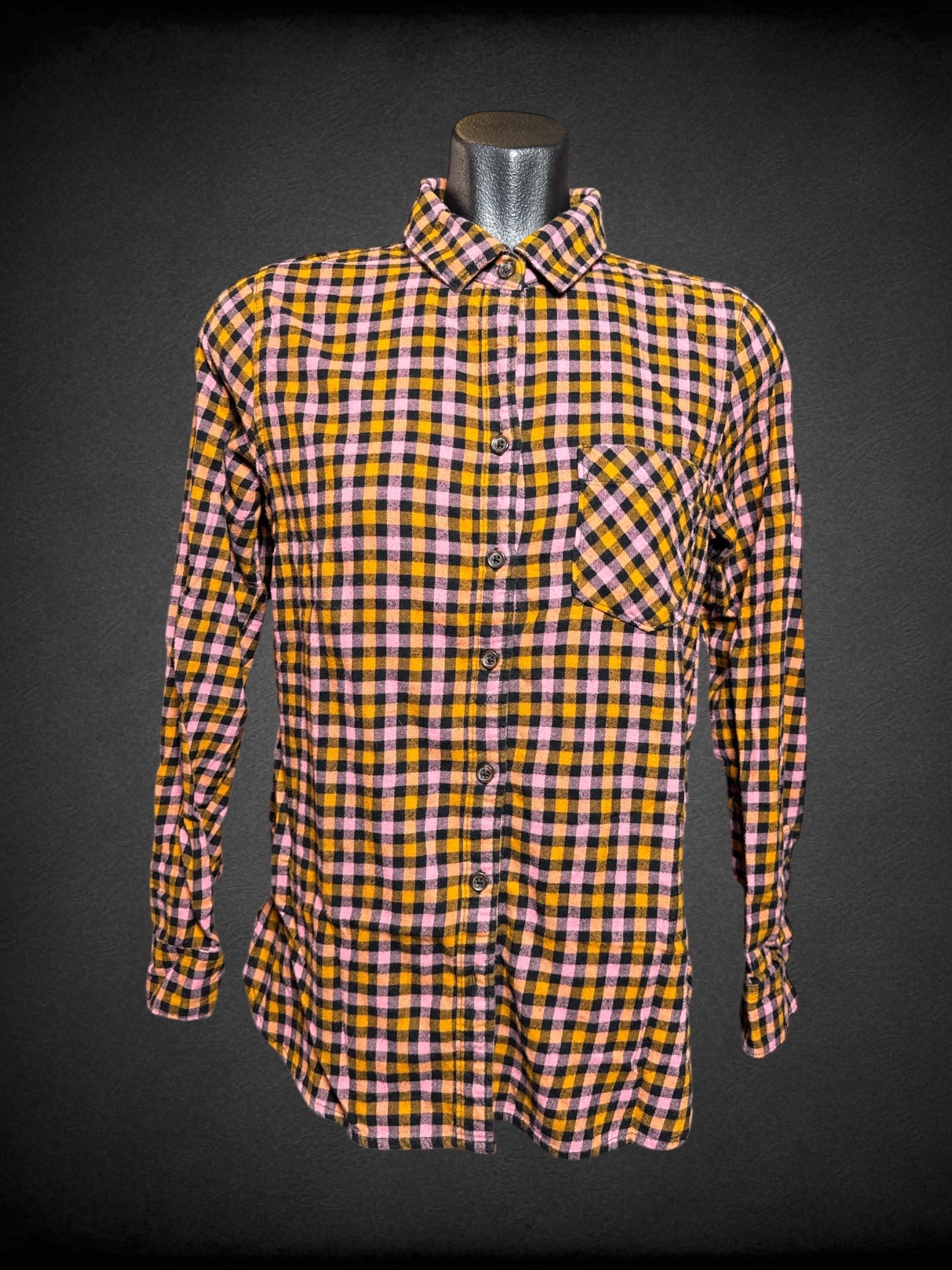 M Old Navy pink, orange, and black plaid button up top with pocket in front