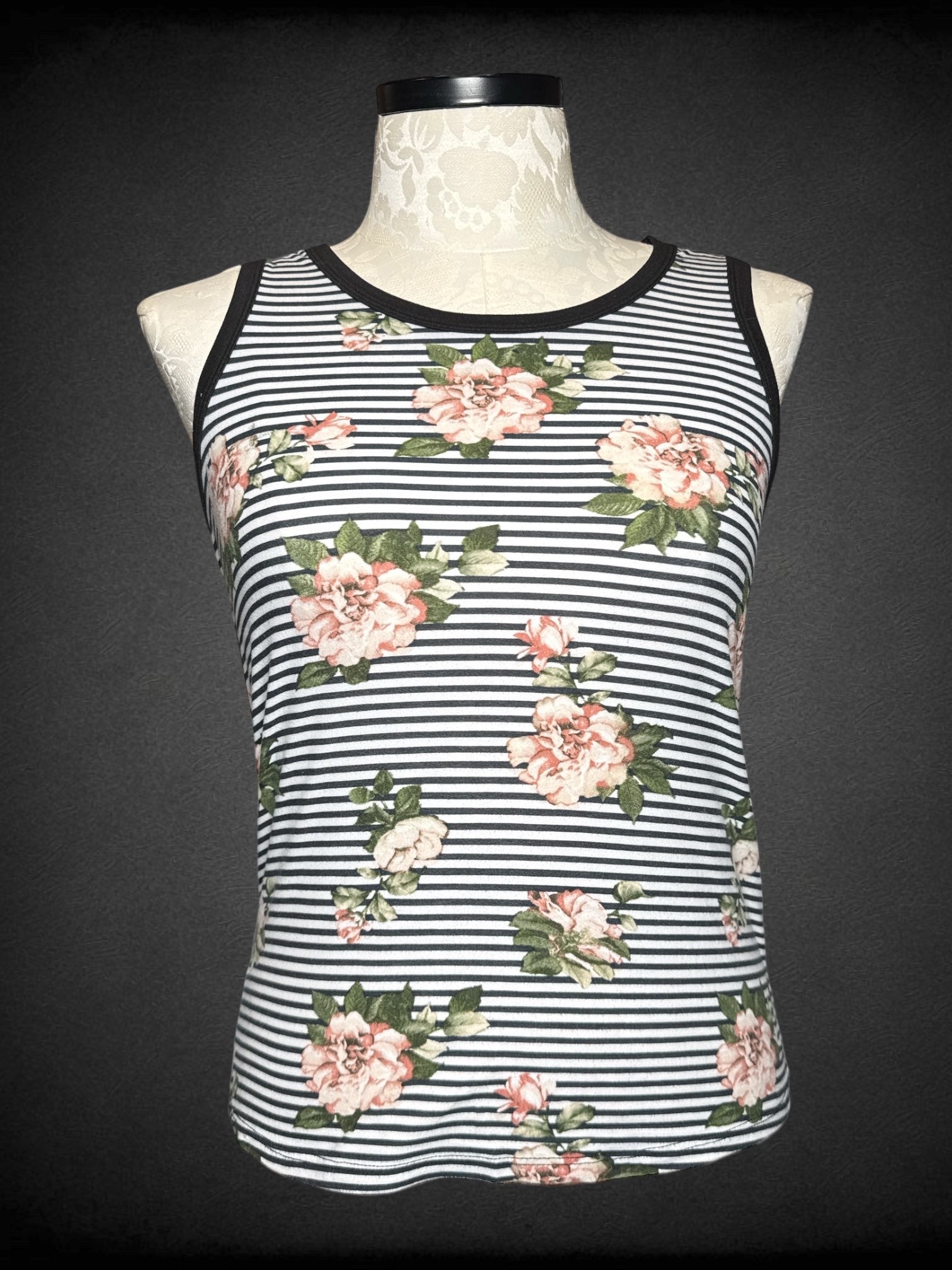 0X black and white striped sleeveless top with pink and green florals