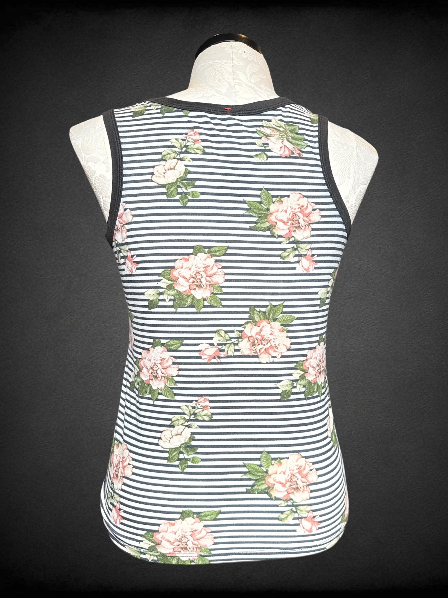 0X black and white striped sleeveless top with pink and green florals
