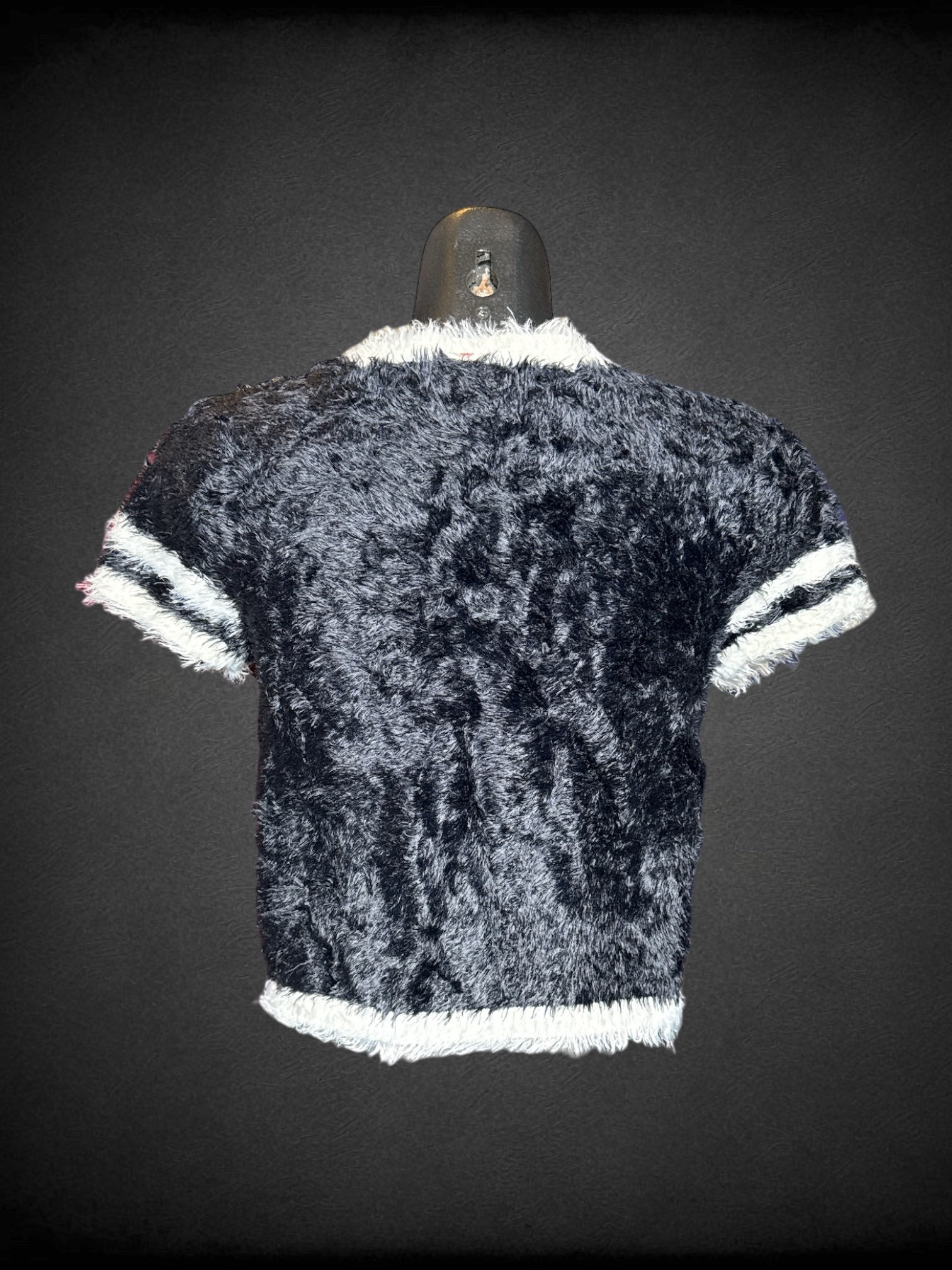 L Eric Lini black and white cropped short sleeve fluffy shirt styled as jersey with number 96 on front