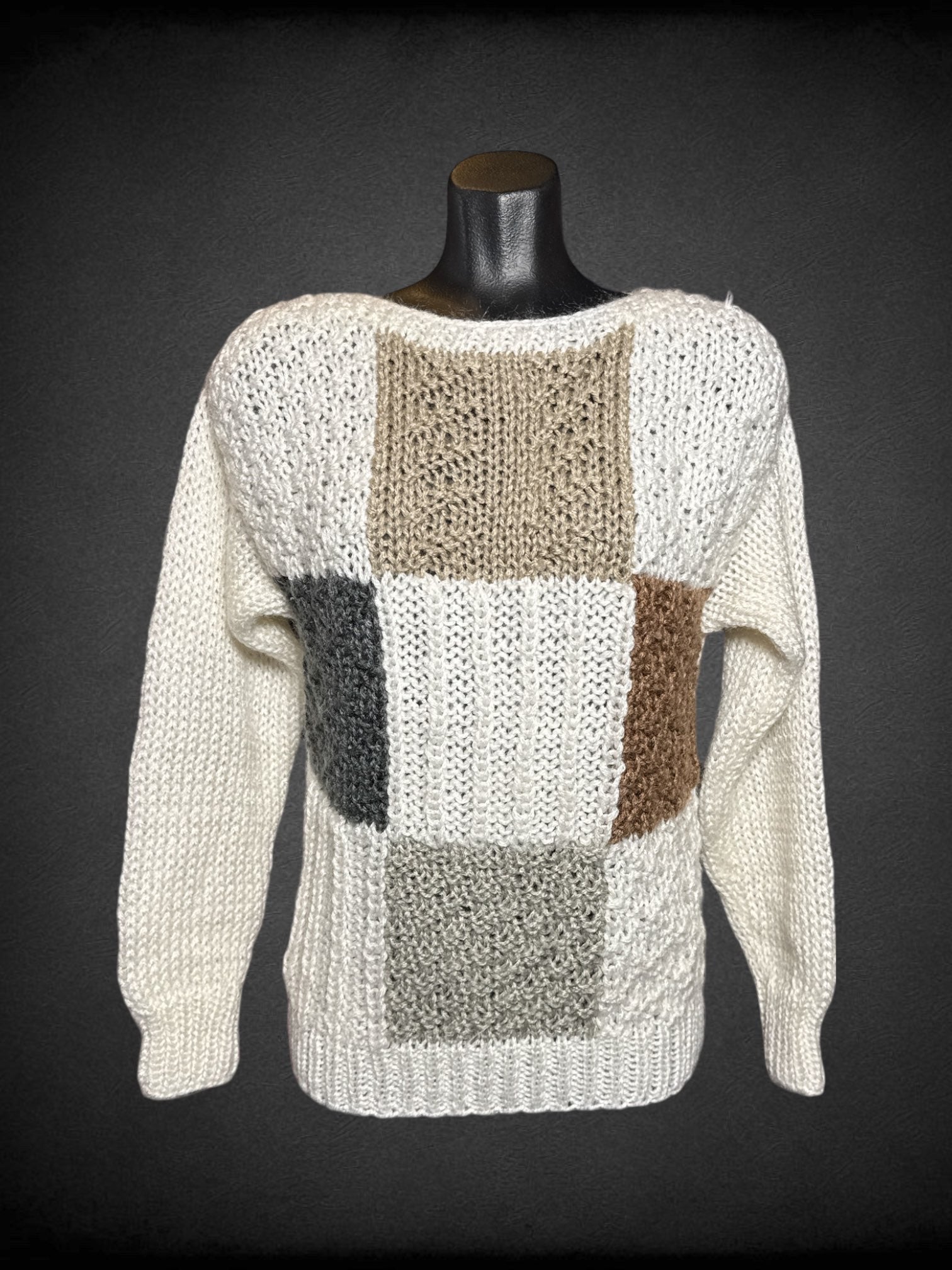 L Nansport white, brown, and grey knit sweater with chunky color block design