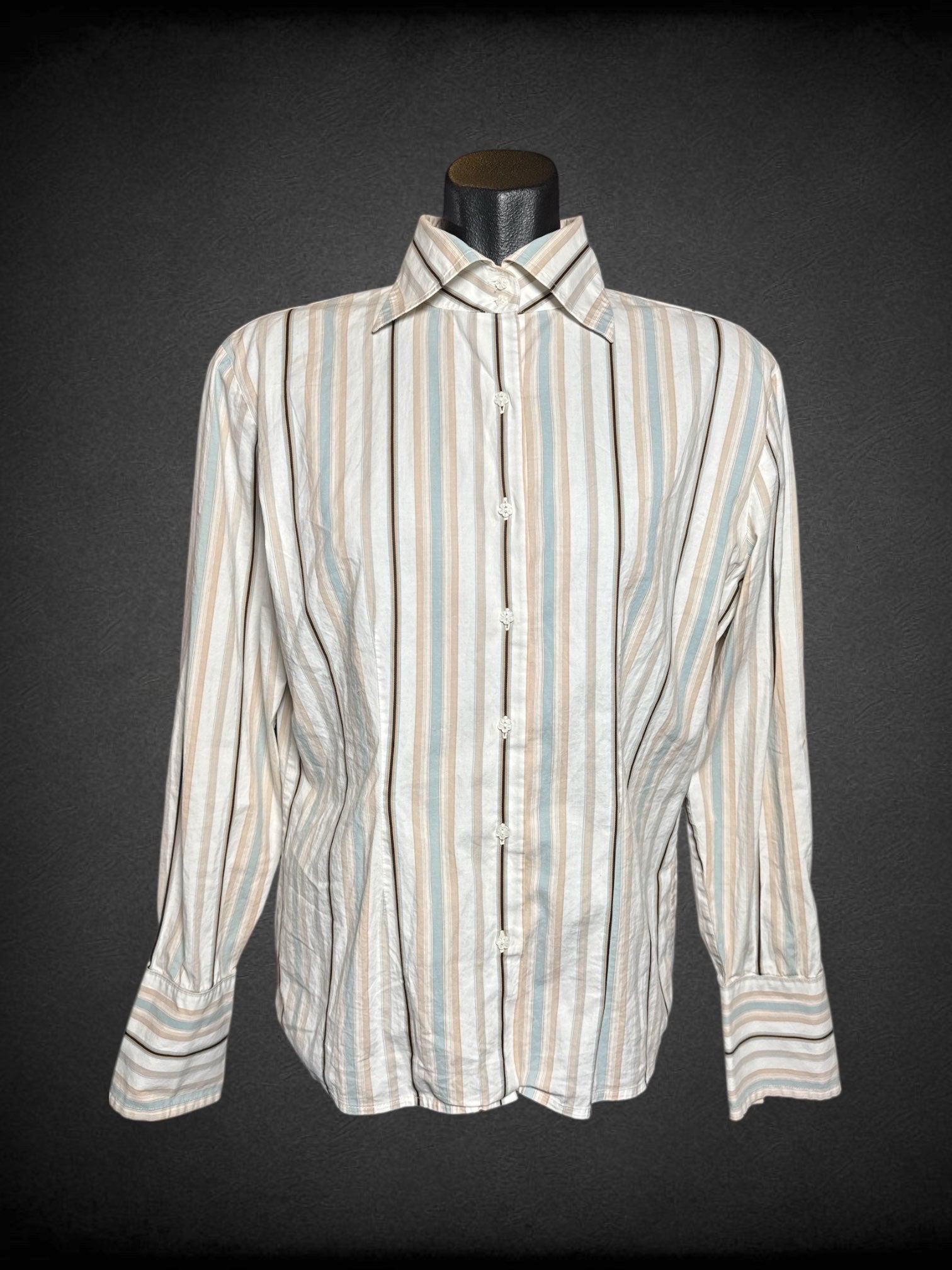 L Anne Klein multicolor striped button up top with flower buttons
