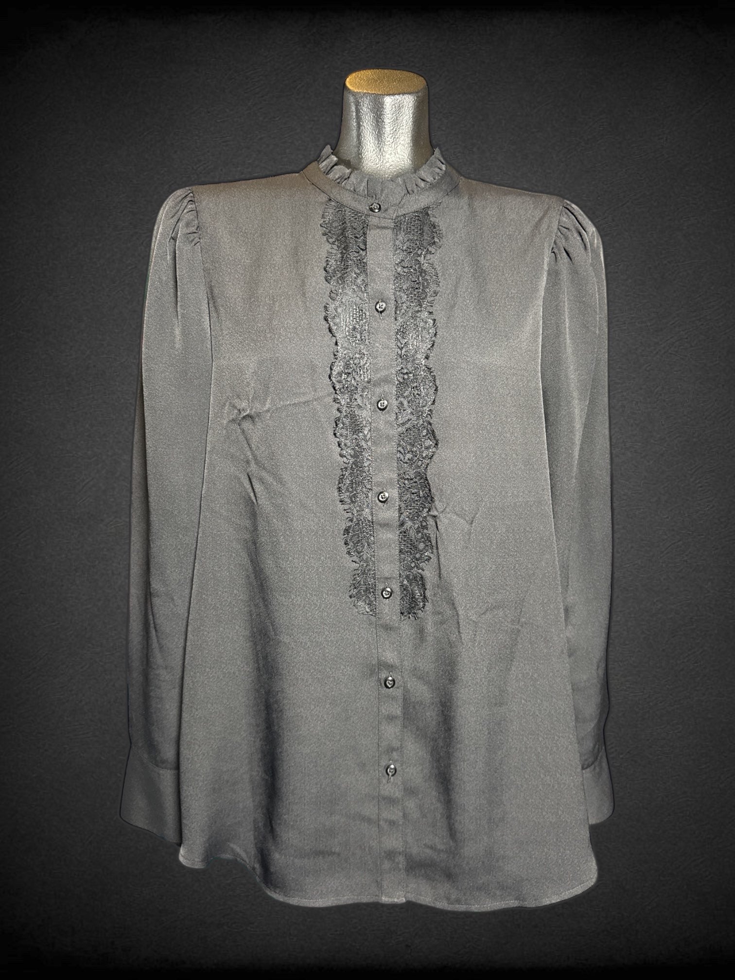 L Express black long sleeve button up top with lace on button line, and pleated collar