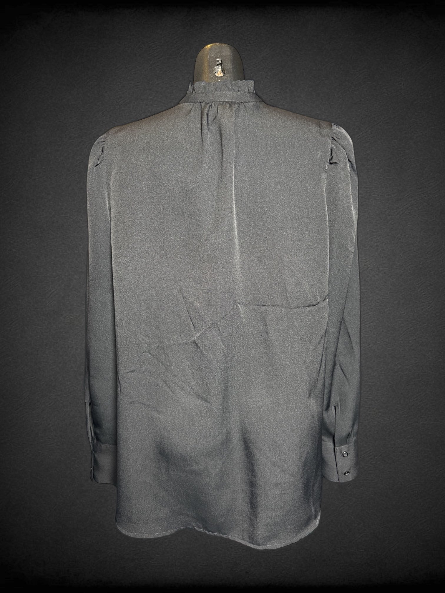 L Express black long sleeve button up top with lace on button line, and pleated collar