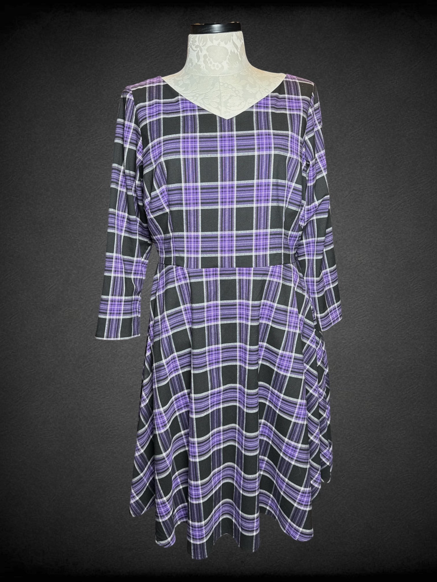 0X Pinup Couture black and purple and white plaid fit and flare dress with zipper