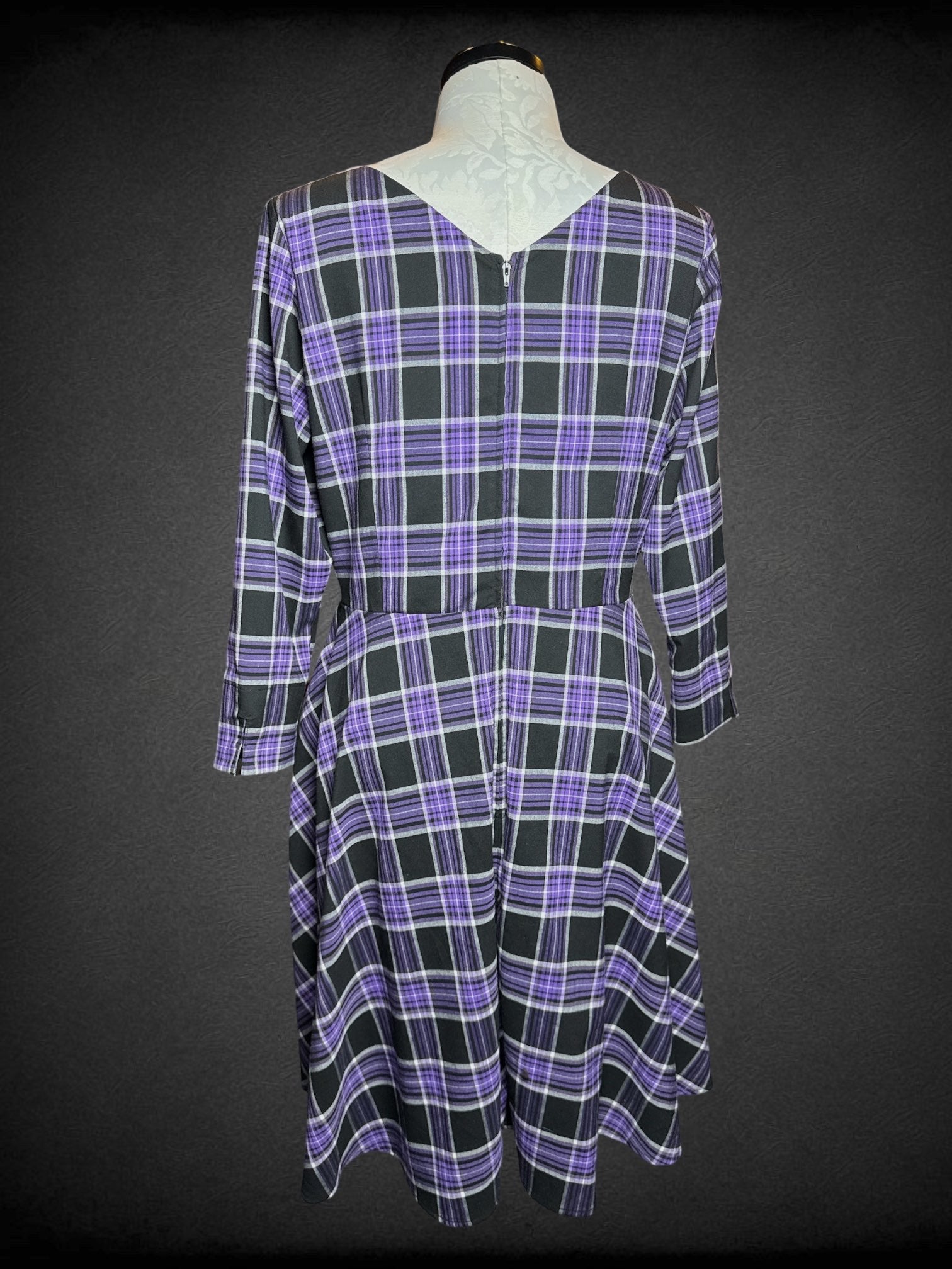 0X Pinup Couture black and purple and white plaid fit and flare dress with zipper
