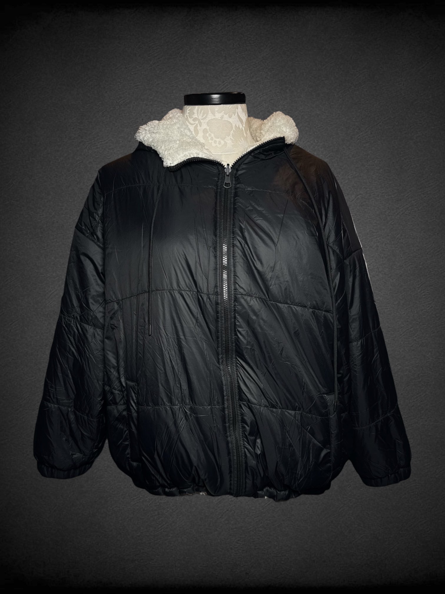 XL black puffer coat with white Sherpa interior