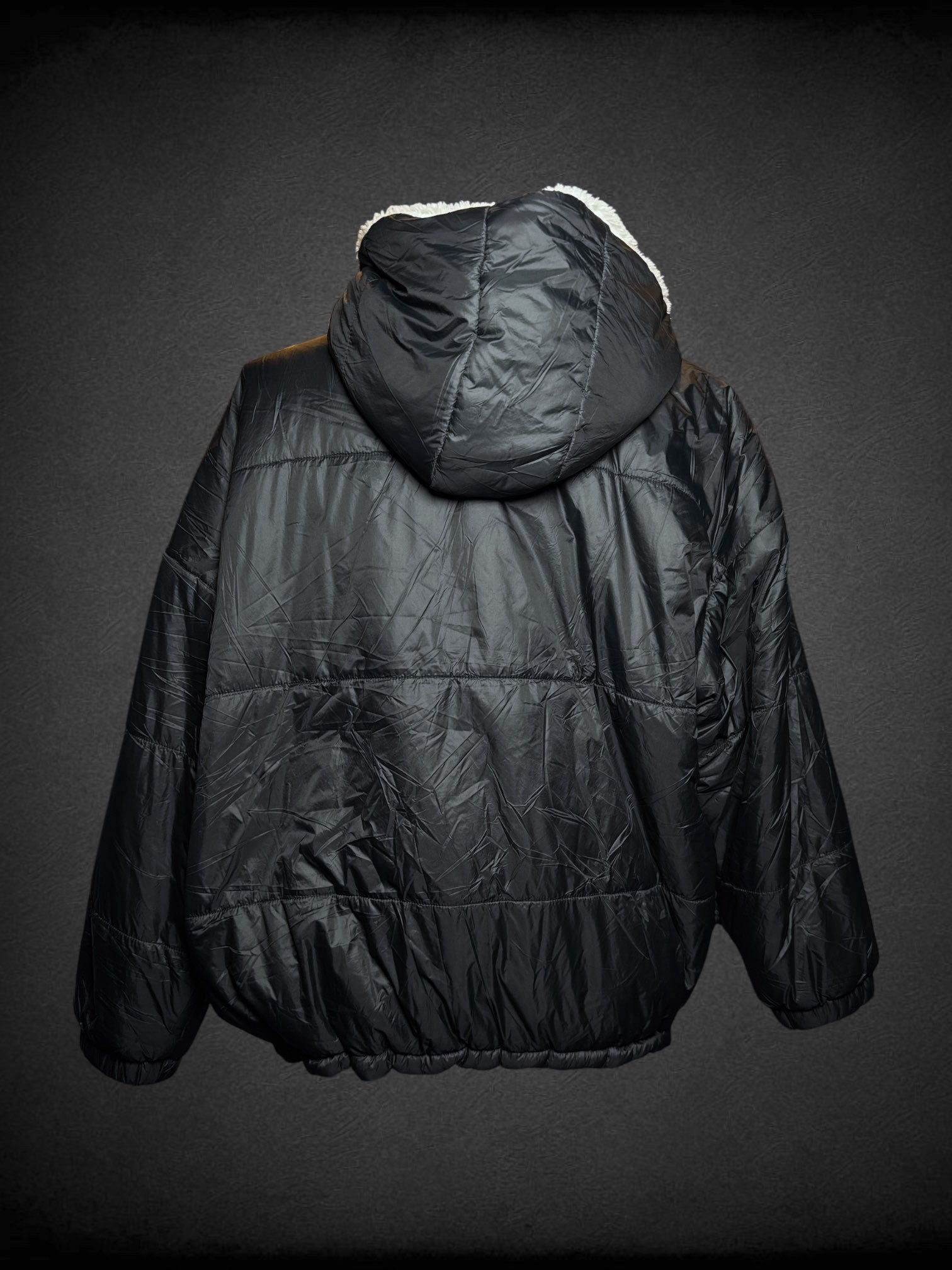 XL black puffer coat with white Sherpa interior