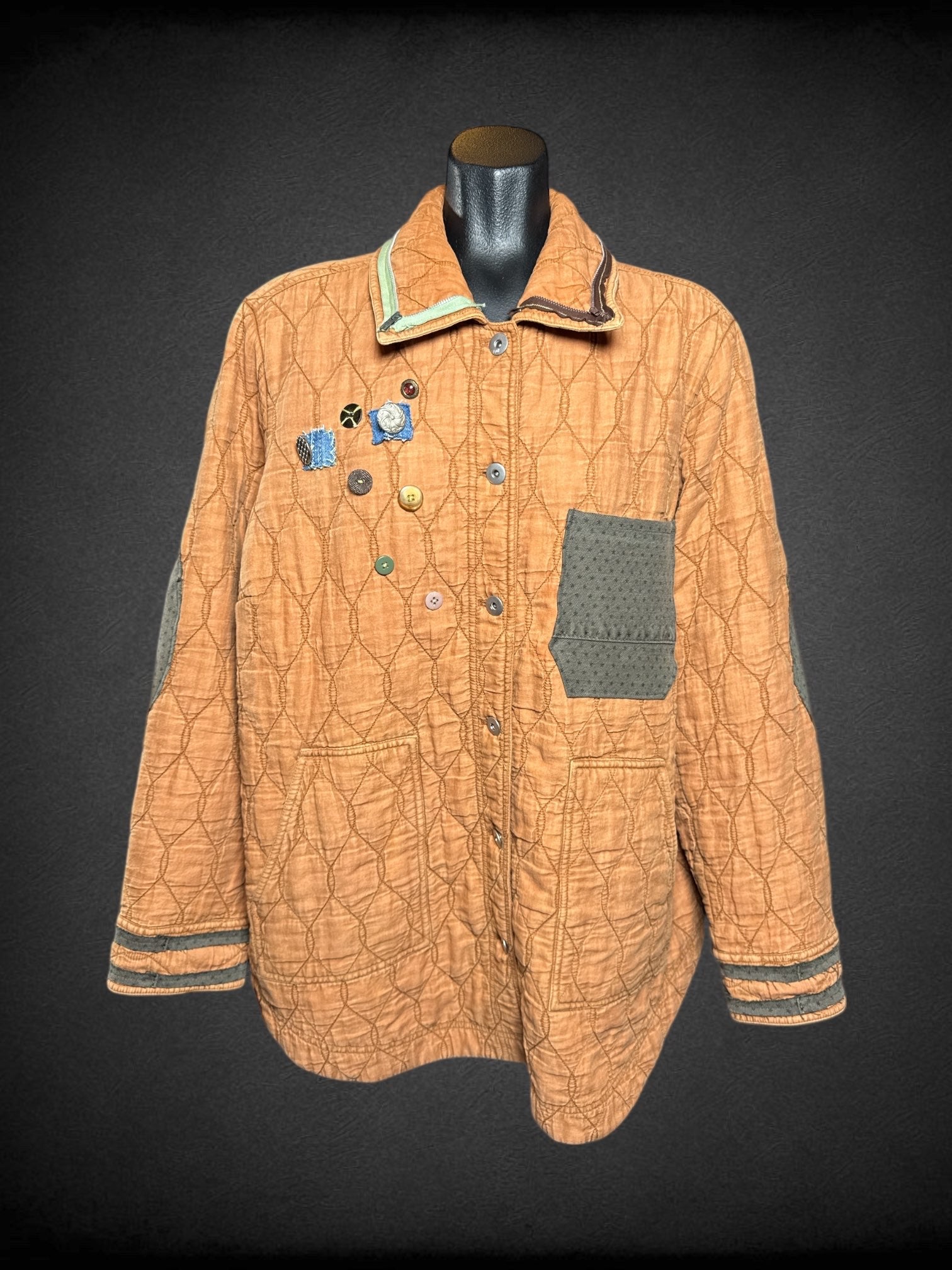 XL J.Jill orange washed long sleeve button up jacket with quilted texture,  decorative buttons, and pockets