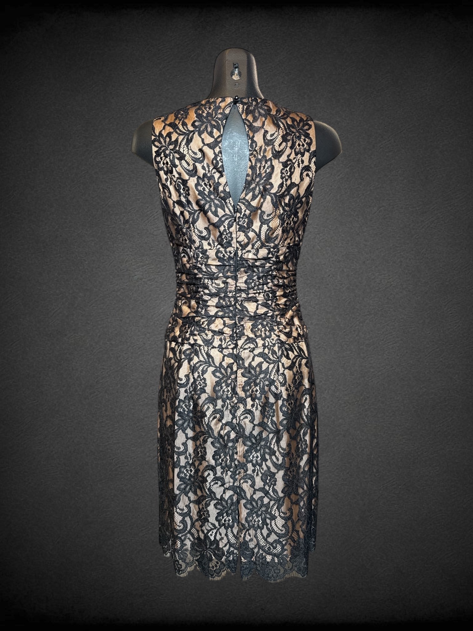 S Nanette Lepore vintage champagne pink and black sleeveless dress with lace outer layer, and zipper/button on back